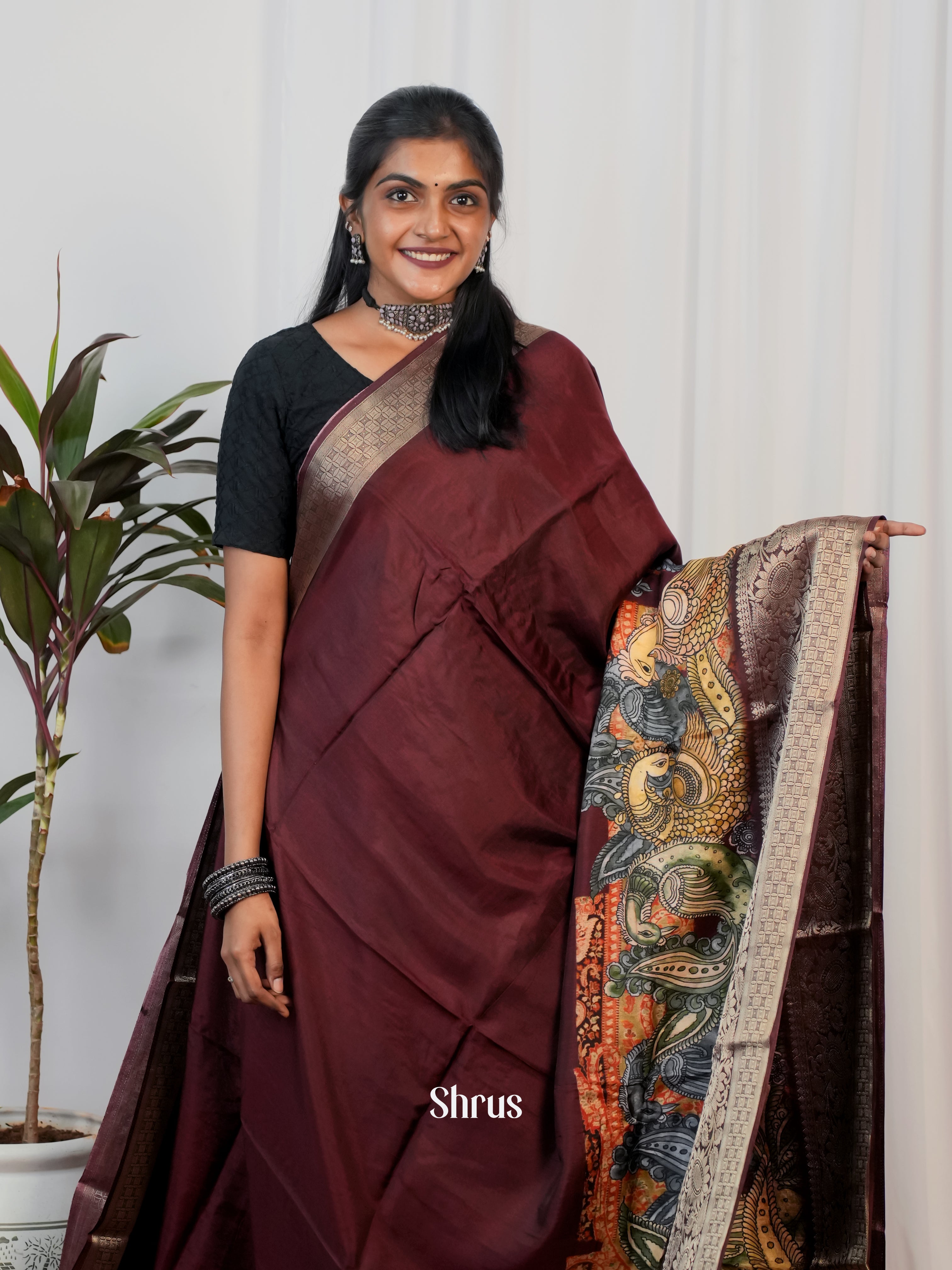 Brown & Cream - Semi Crepe Saree - Shop on Shrus.com