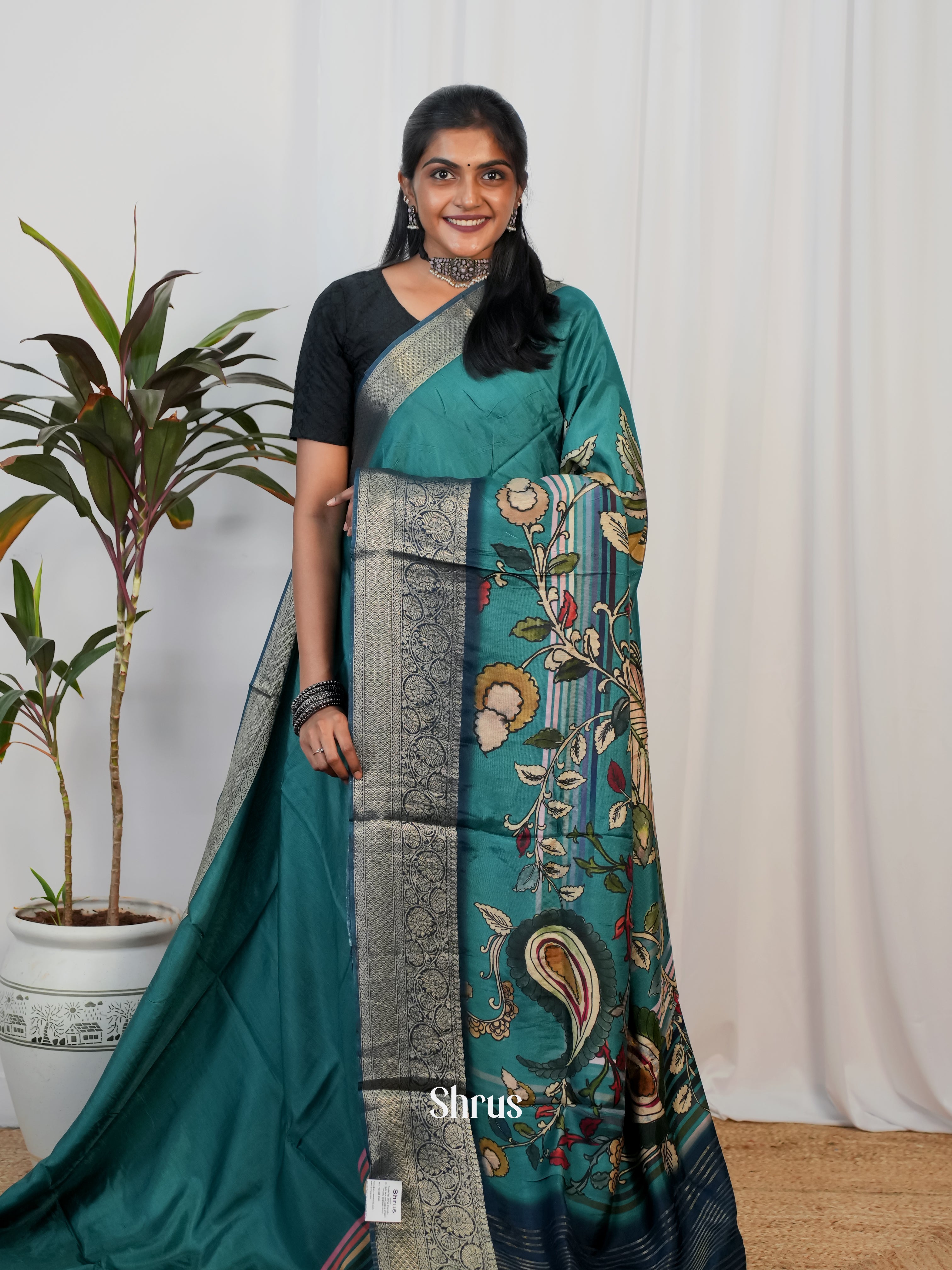 Teal & Blue- Semi Crepe Saree - Shop on Shrus.com