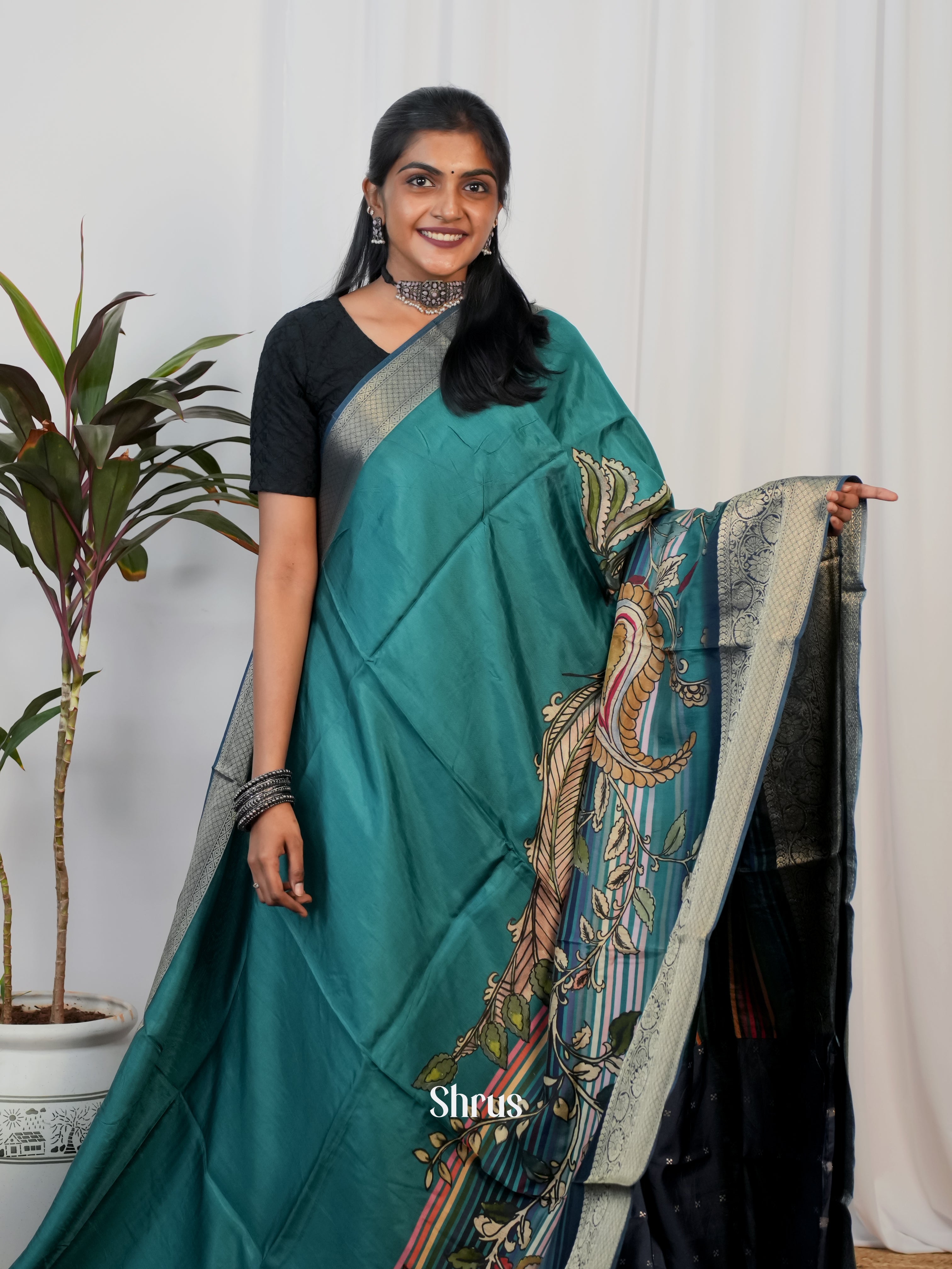Teal & Blue- Semi Crepe Saree - Shop on Shrus.com