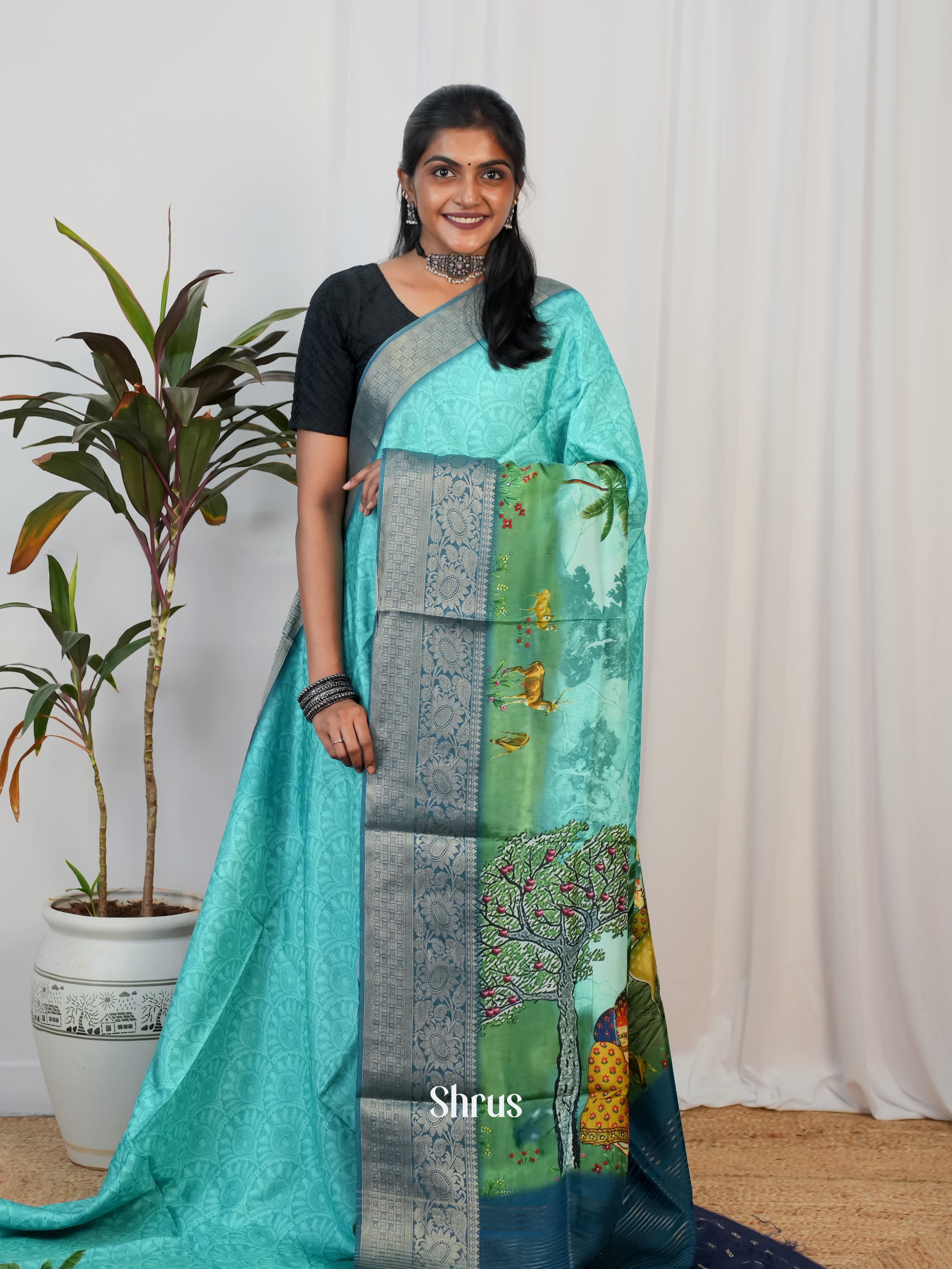 Teal & Blue - Semi Crepe Saree - Shop on Shrus.com