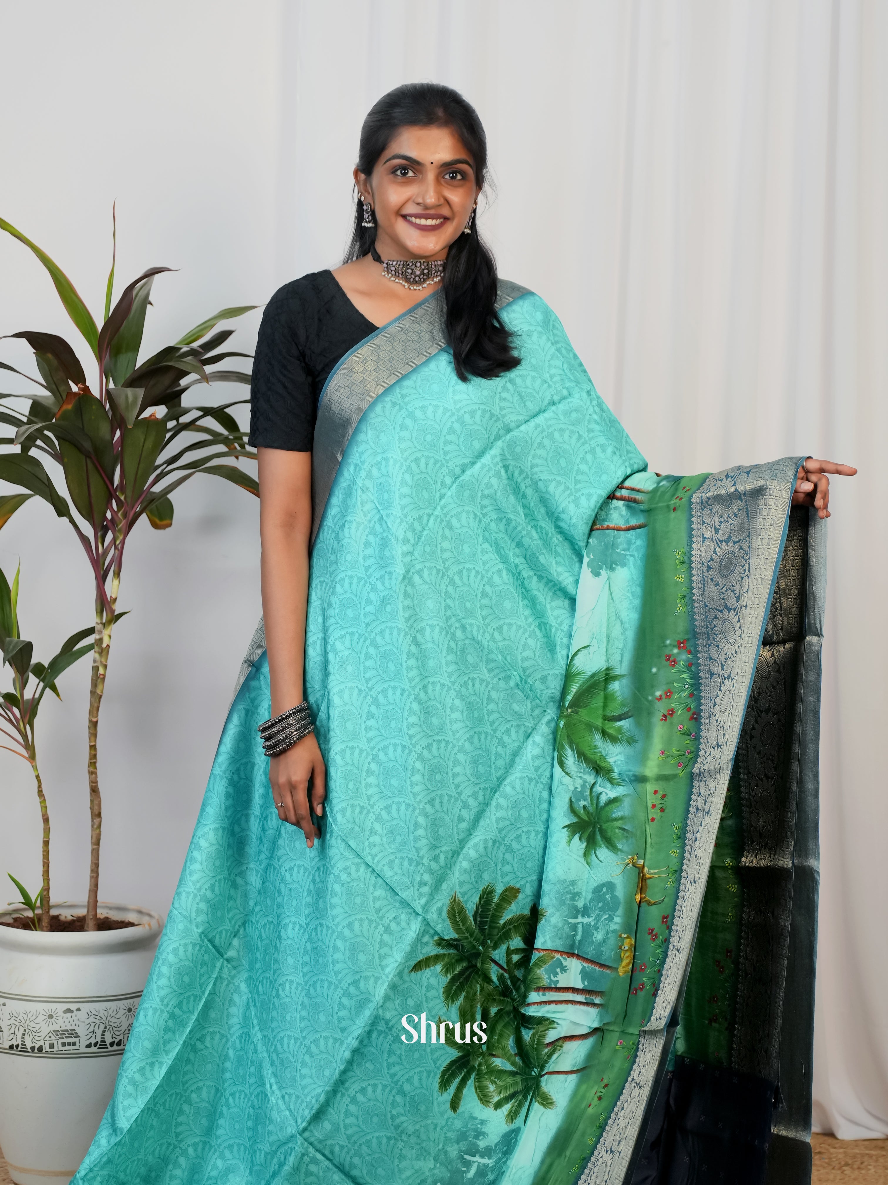 Teal & Blue - Semi Crepe Saree - Shop on Shrus.com
