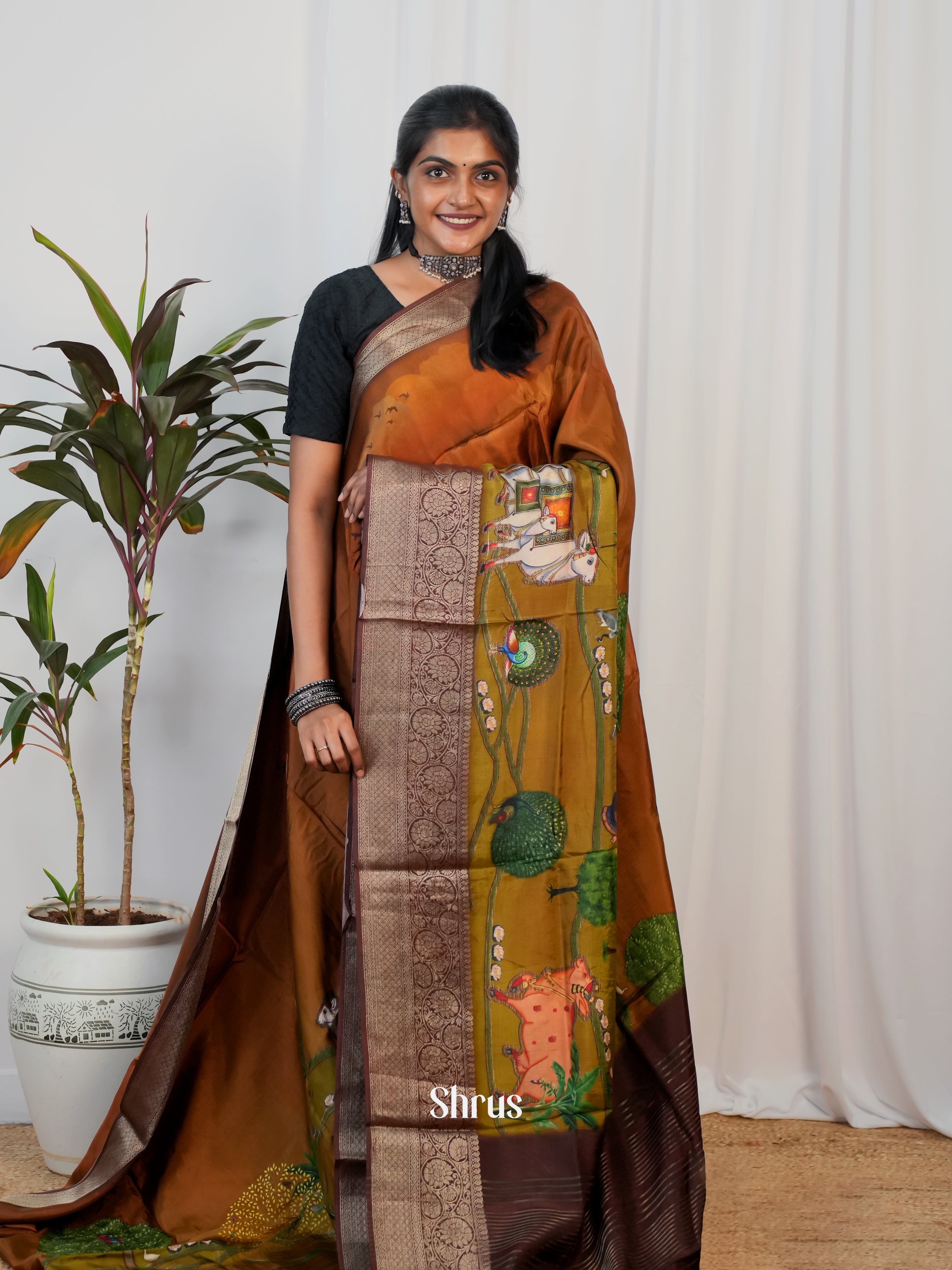 Mehandhi Green & Brown- Semi Crepe Saree - Shop on Shrus.com