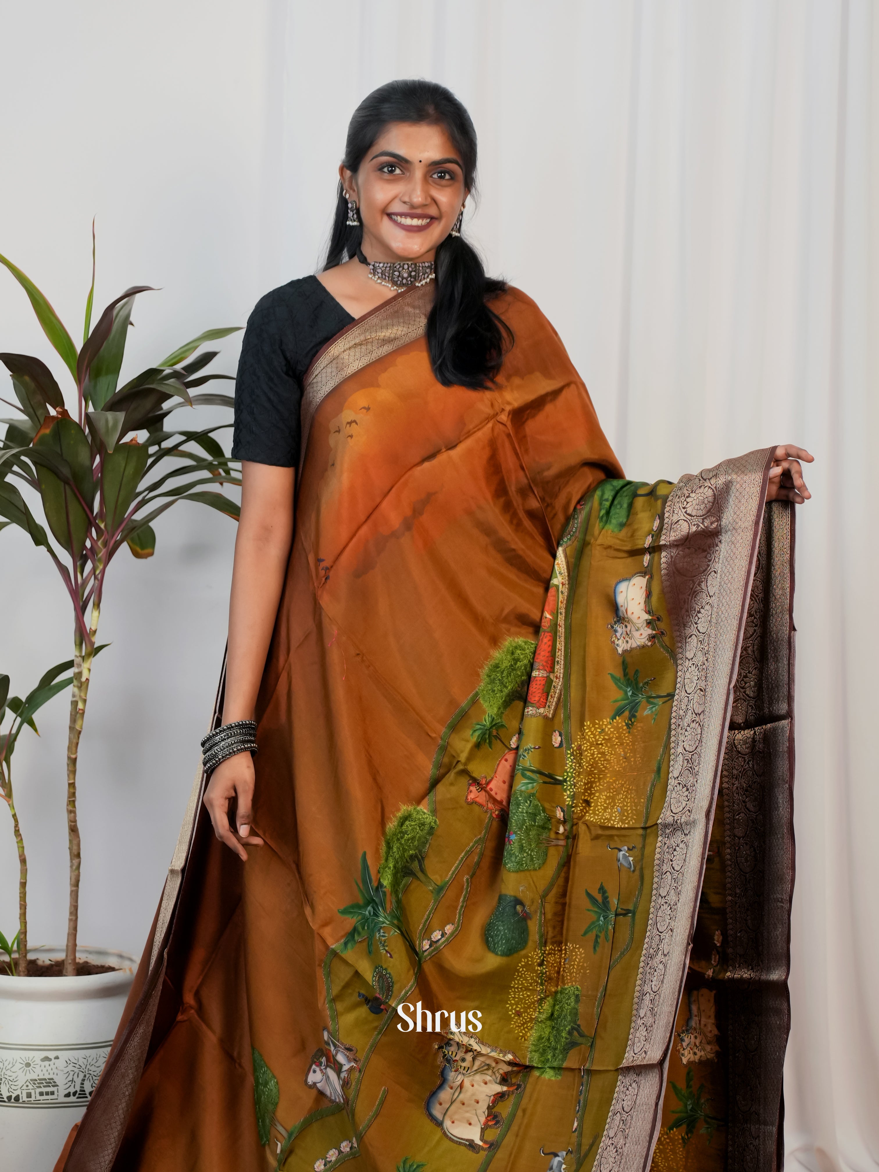 Mehandhi Green & Brown- Semi Crepe Saree - Shop on Shrus.com