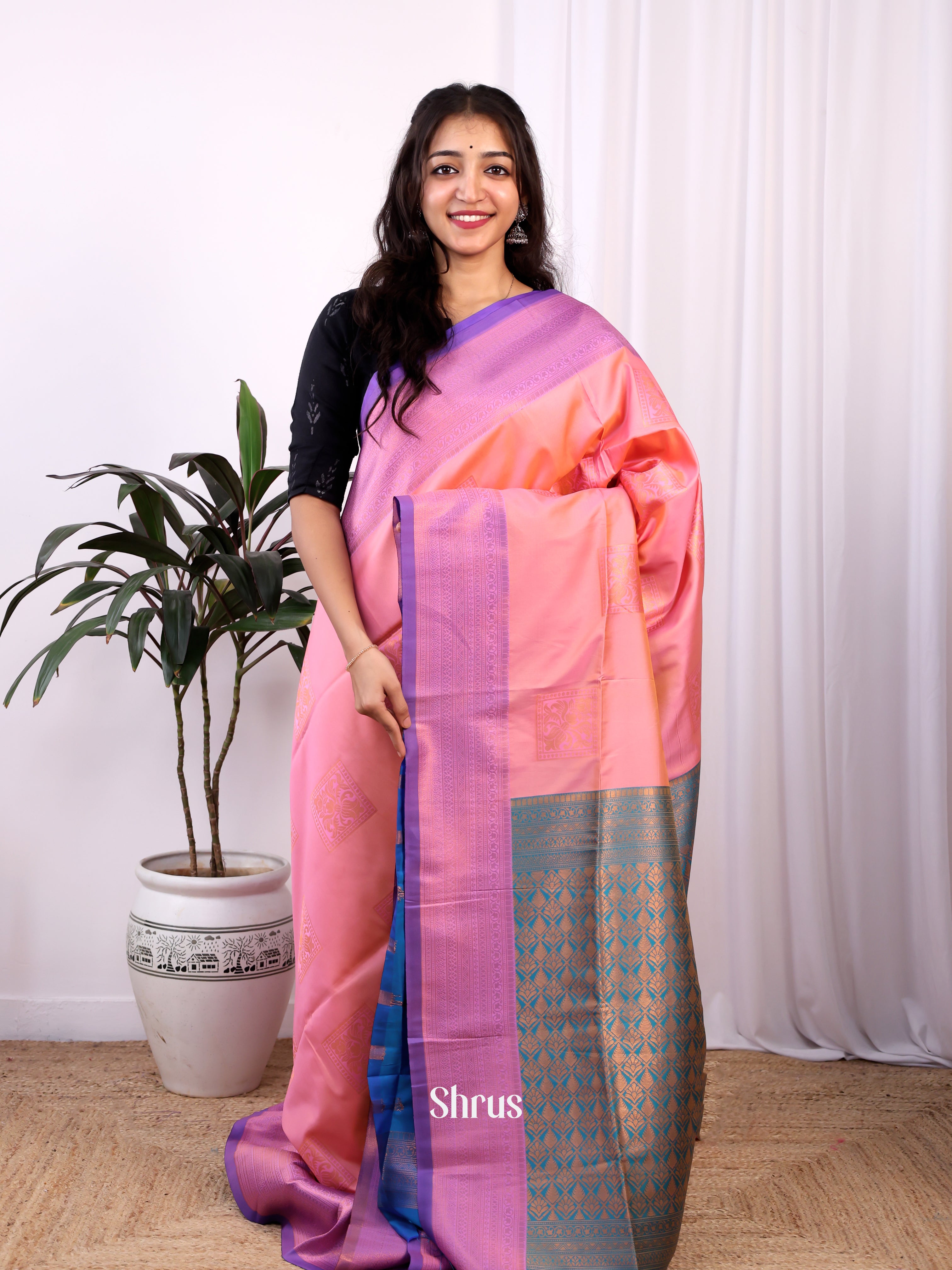 Pink & Purple - Semi Softsilk Saree - Shop on Shrus.com