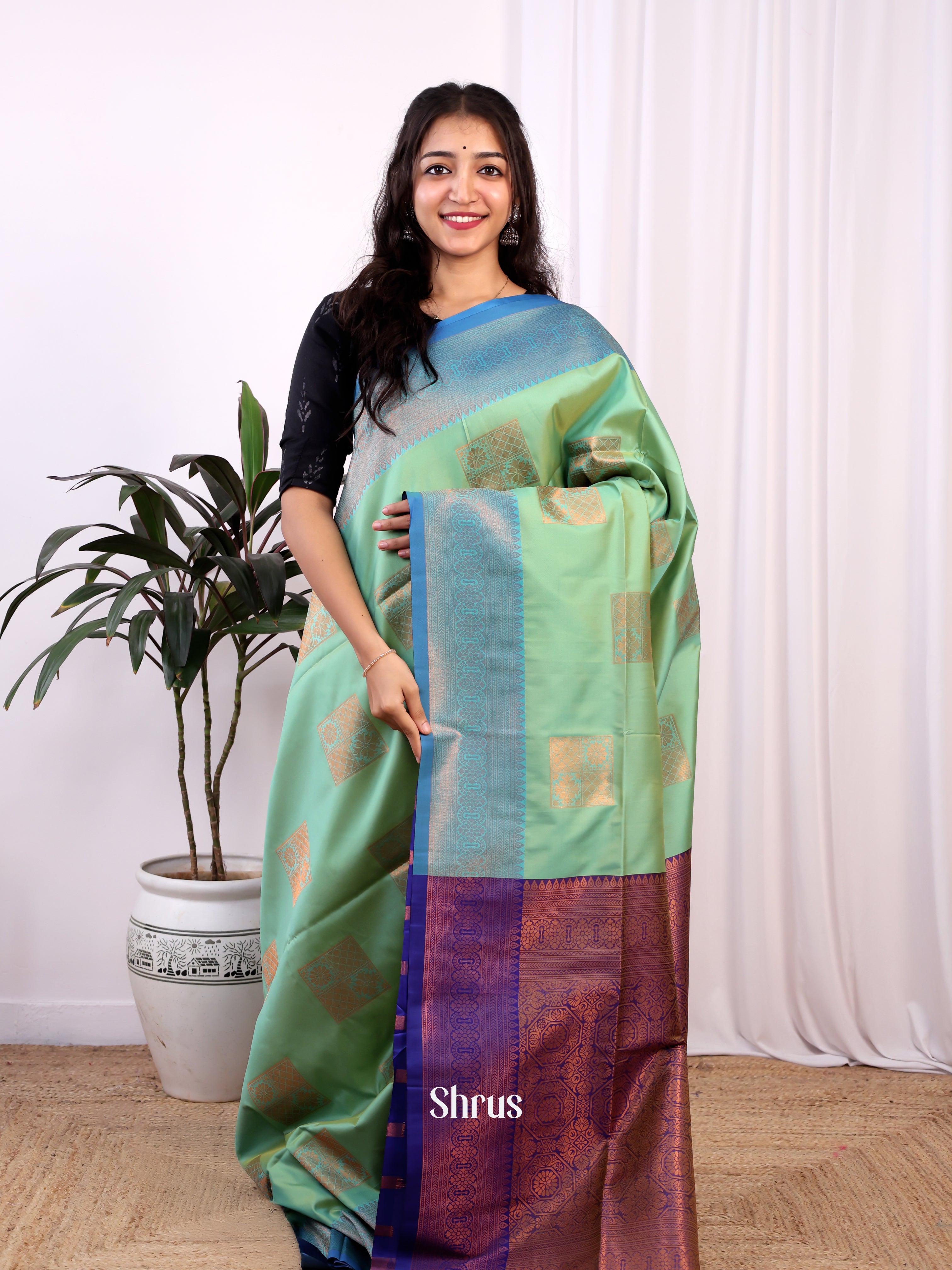 Green & Blue - Semi Softsilk Saree - Shop on Shrus.com