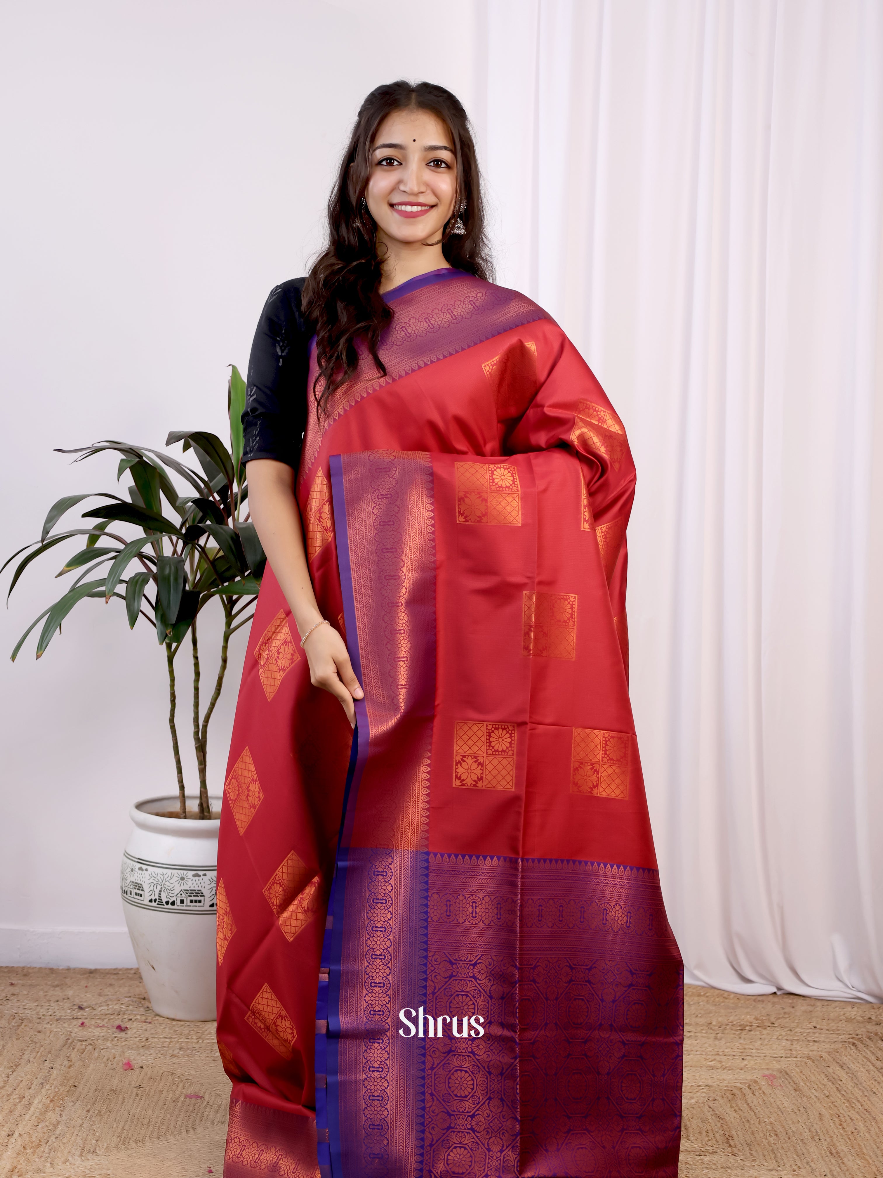 Red & Violet- Semi Softsilk Saree - Shop on Shrus.com