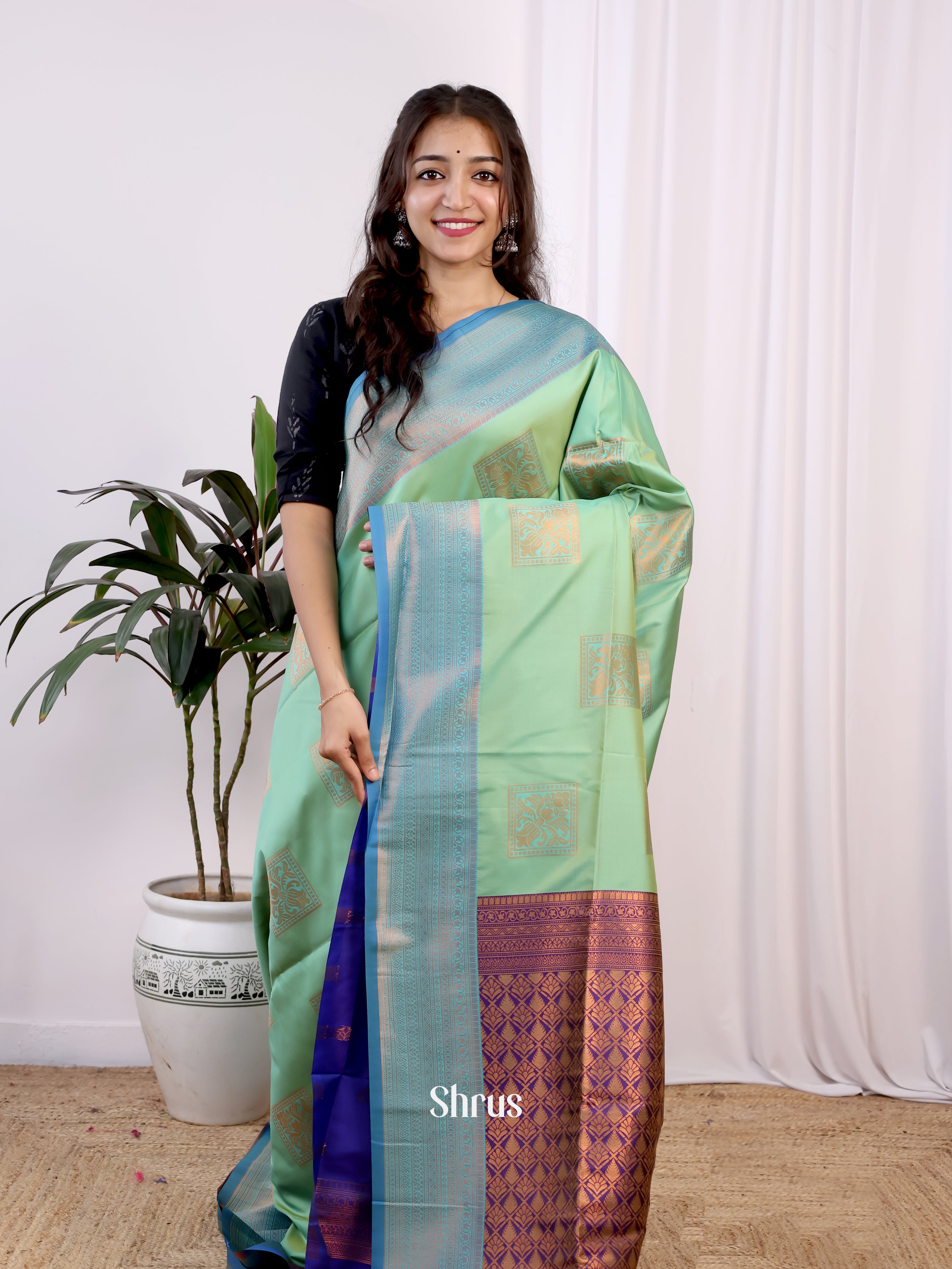 Green & Blue - Semi Softsilk Saree - Shop on Shrus.com