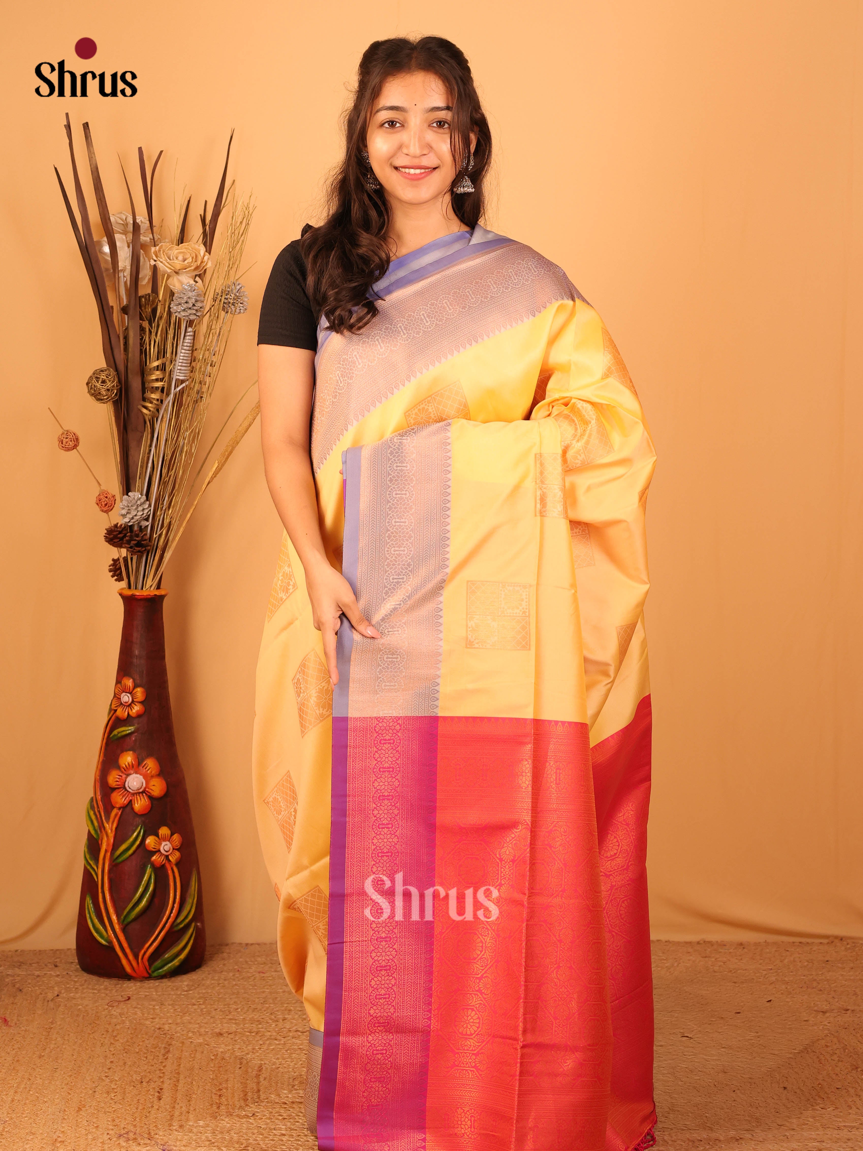 Lite Yellow with Red - Semi Softsilk Saree - Shop on Shrus.com