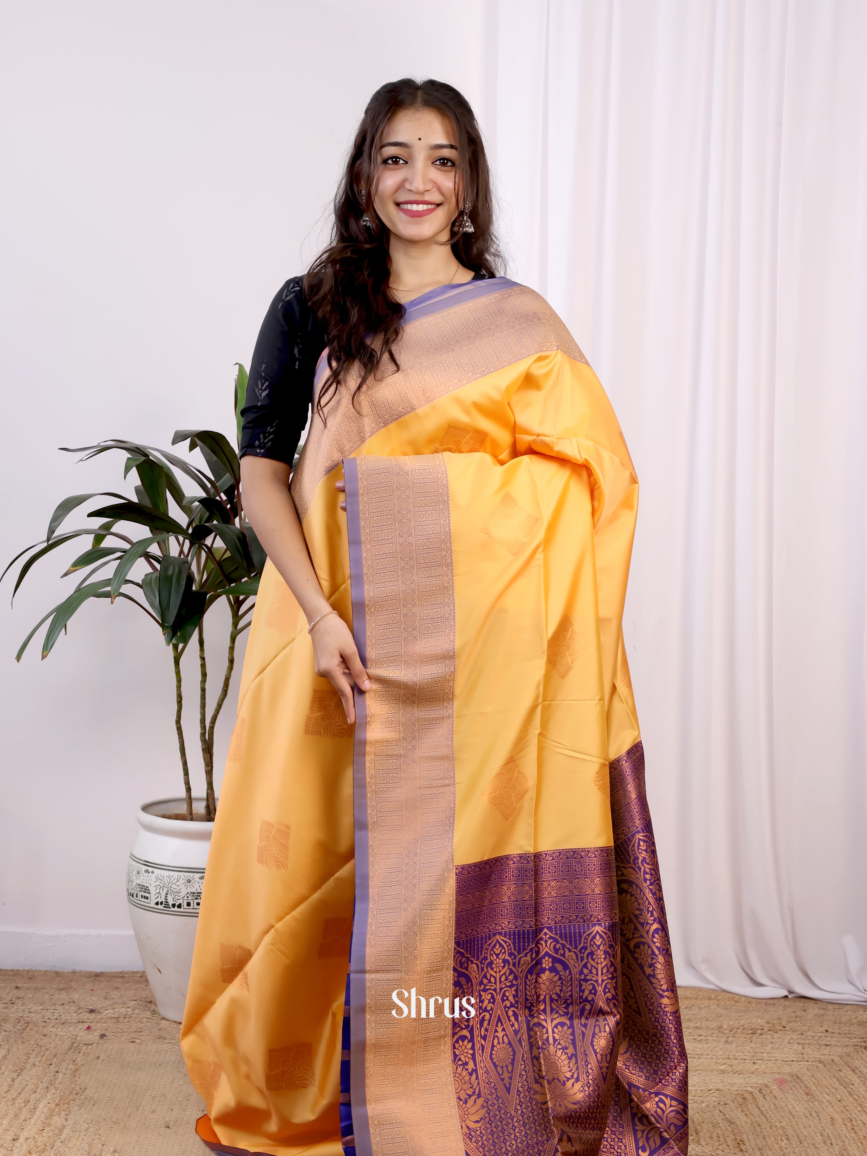 Yellow & Violet - Semi Softsilk Saree - Shop on Shrus.com