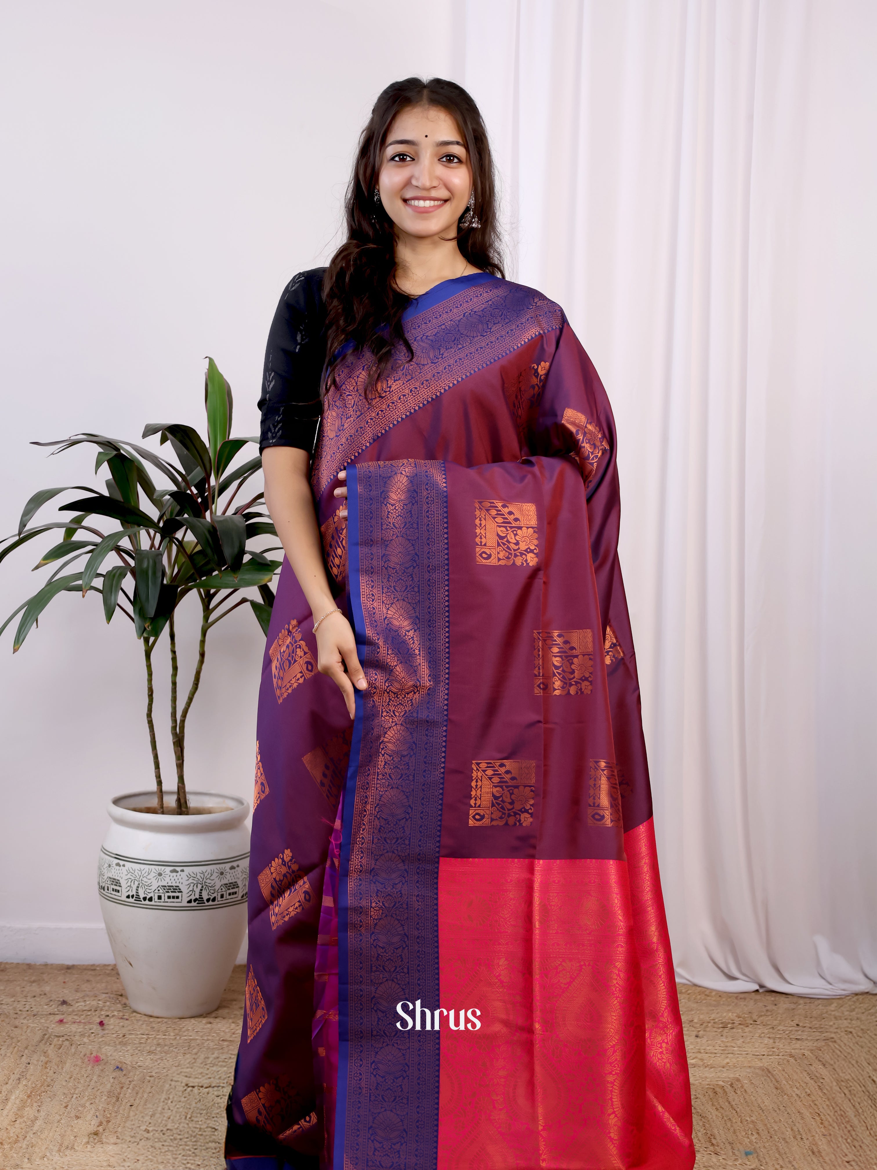 Purple & Pink - Semi Softsilk Saree - Shop on Shrus.com