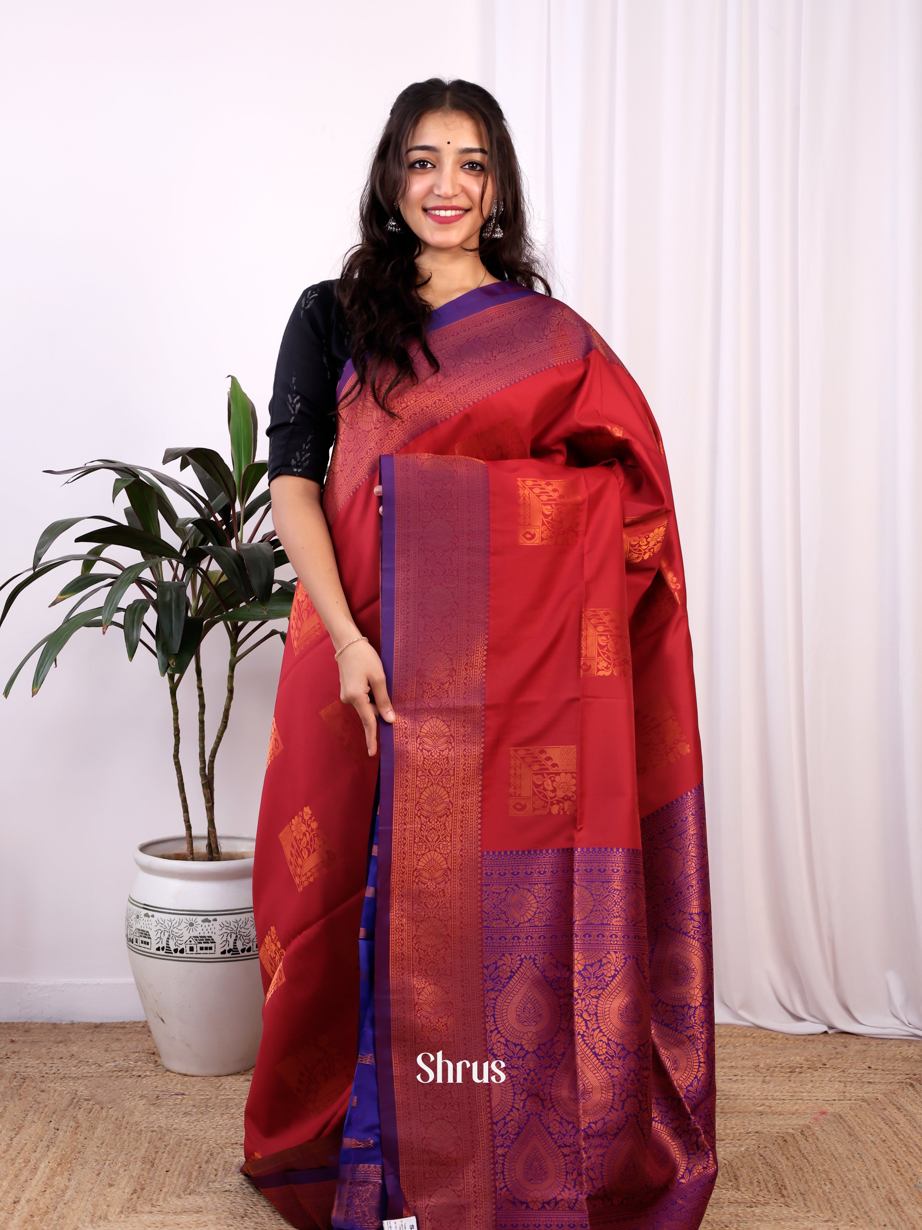 Maroon & Blue - Semi Softsilk Saree - Shop on Shrus.com