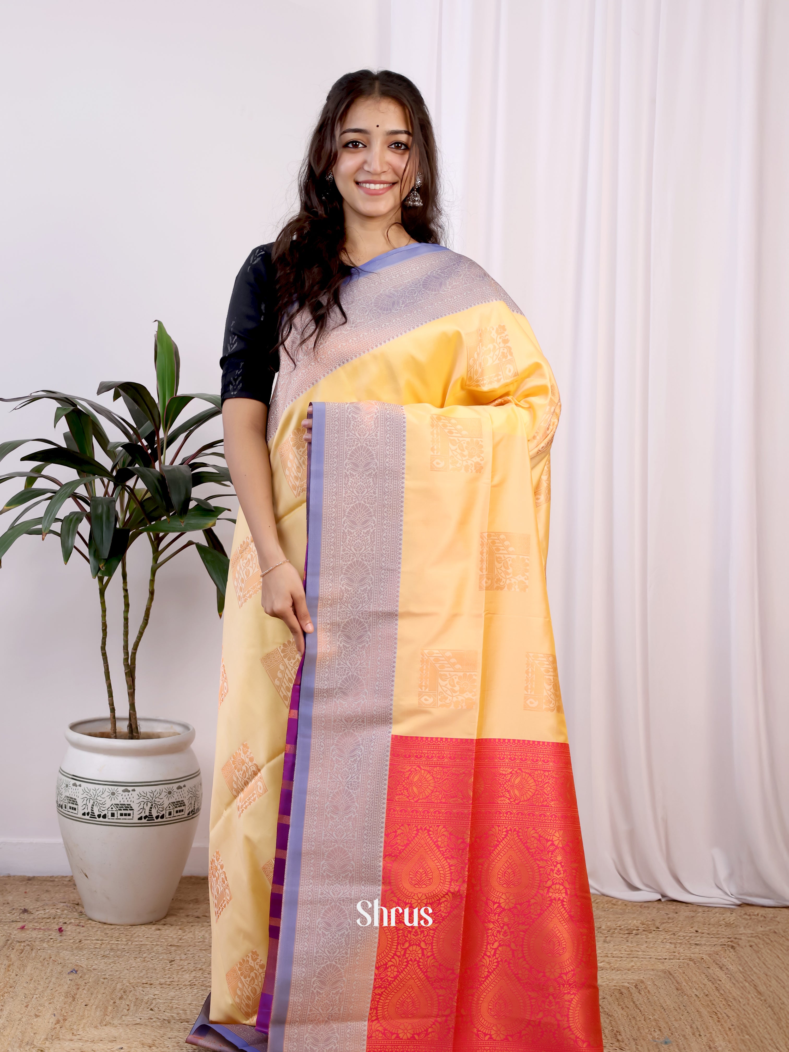 Lite Lime Yellow & Red - Semi Softsilk Saree - Shop on Shrus.com