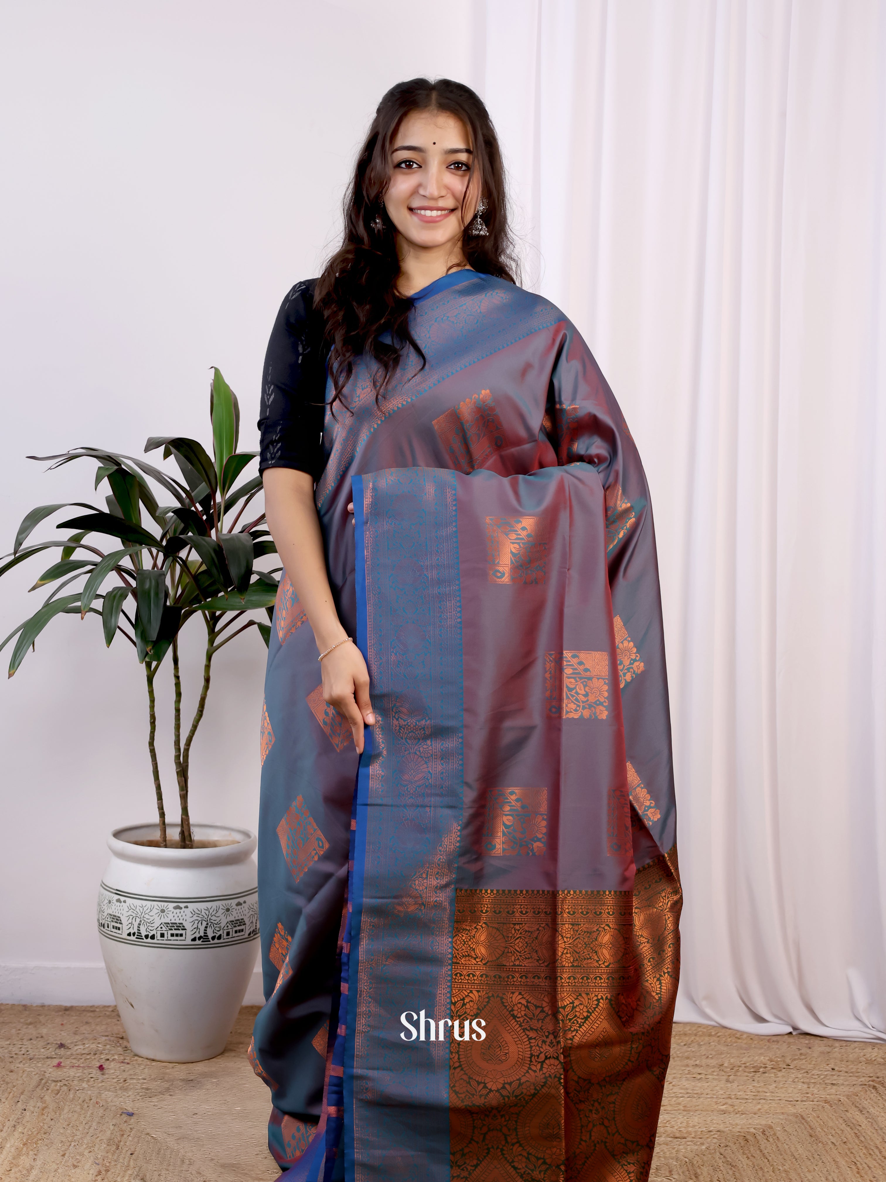 Double Shaded Blue & Brown - Semi Softsilk Saree - Shop on Shrus.com