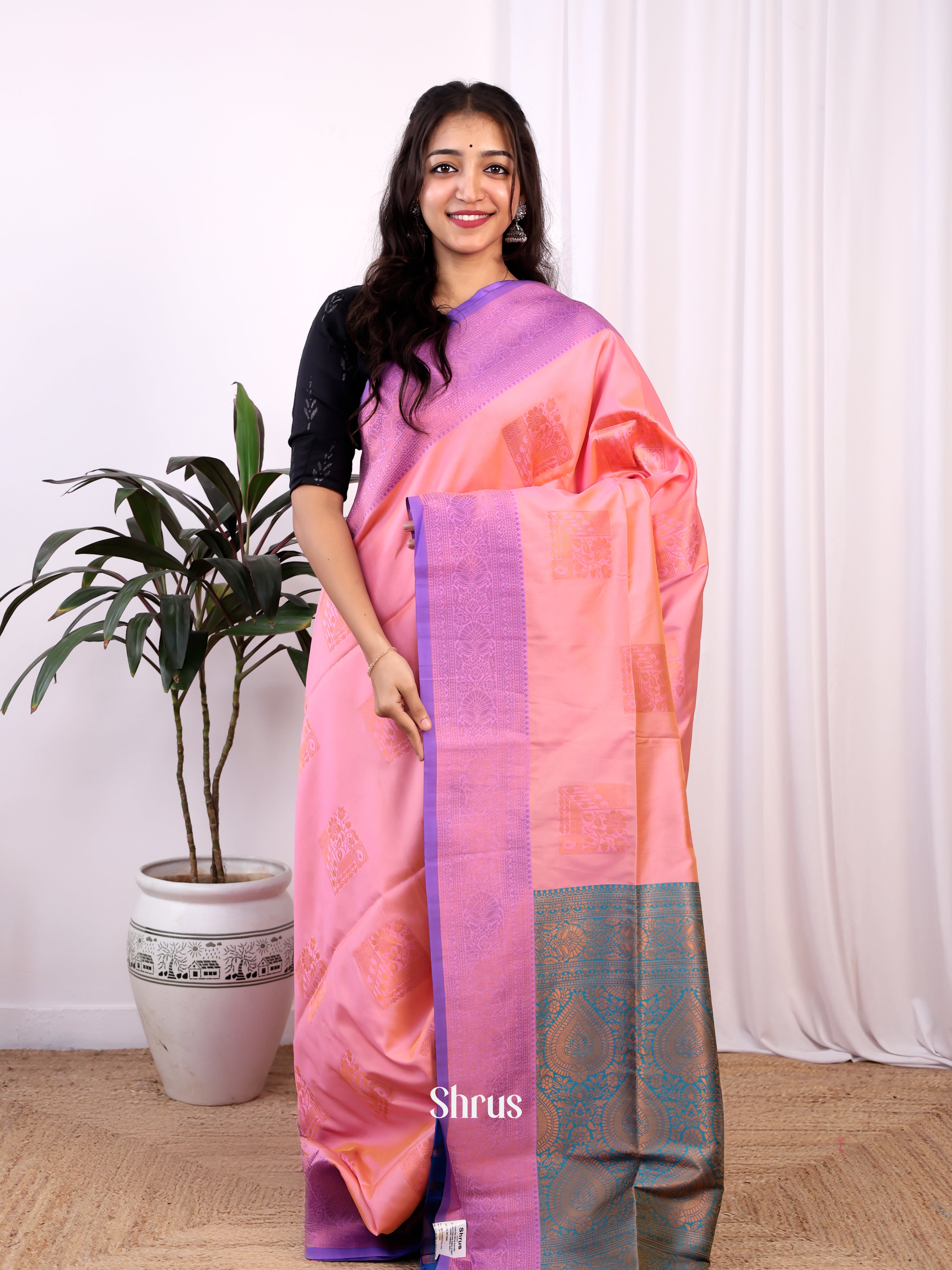 Peachish Pink & Blue - Semi Softsilk Saree - Shop on Shrus.com