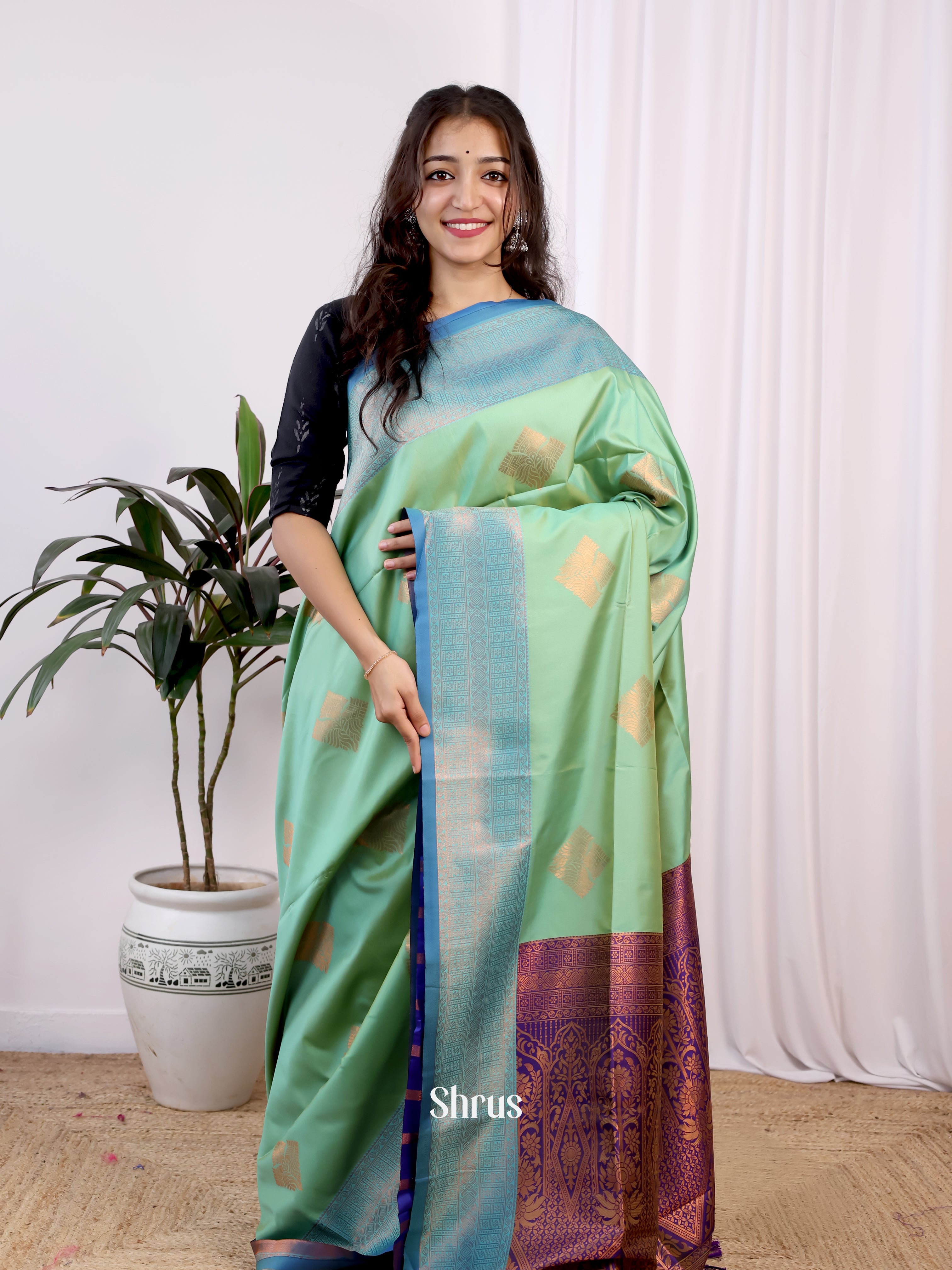 Pista Green & Blue - Semi Softsilk Saree - Shop on Shrus.com
