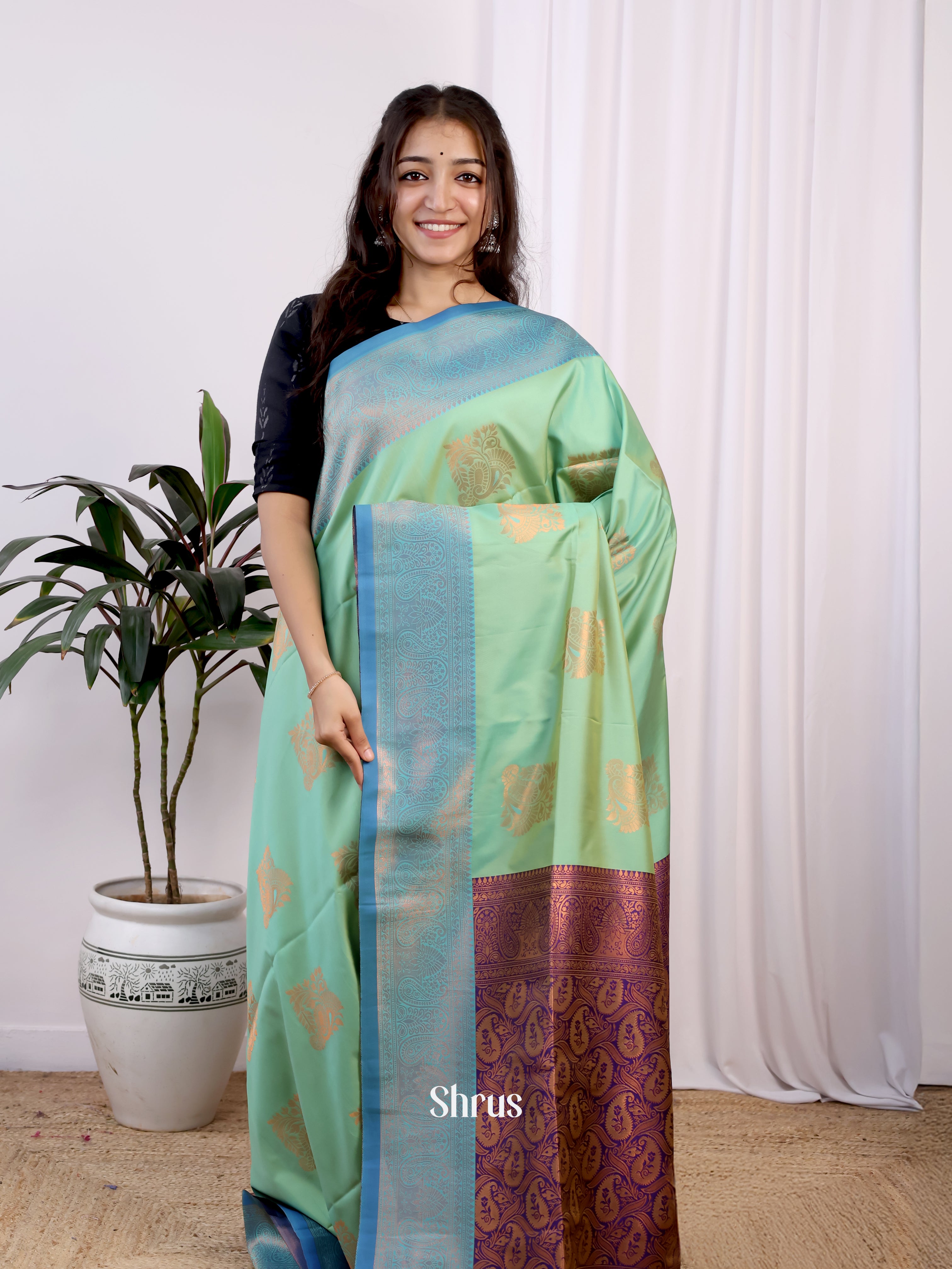 Pista Green & Blue - Semi Softsilk Saree - Shop on Shrus.com