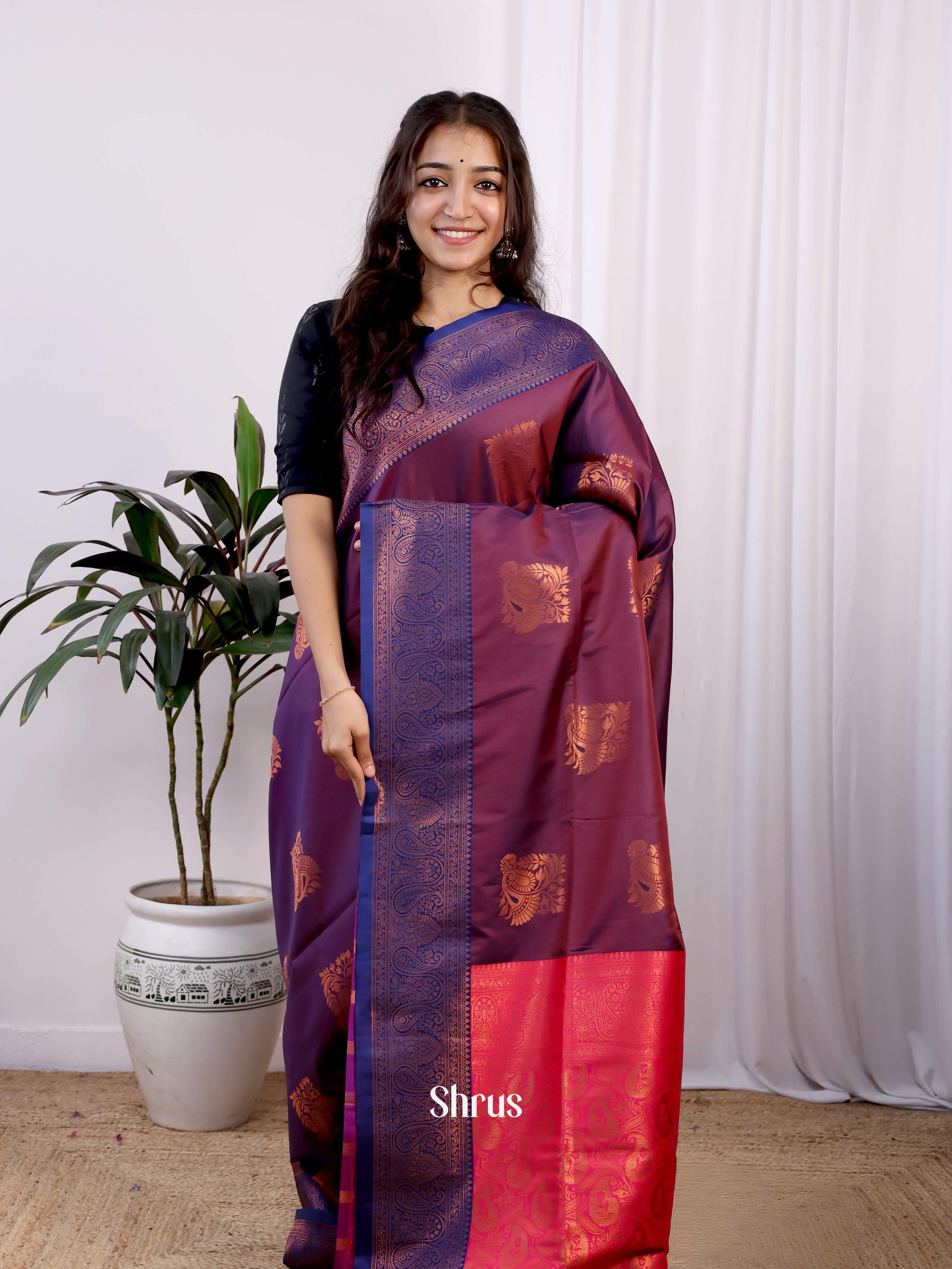 Purple & Pink - Semi Softsilk Saree - Shop on Shrus.com