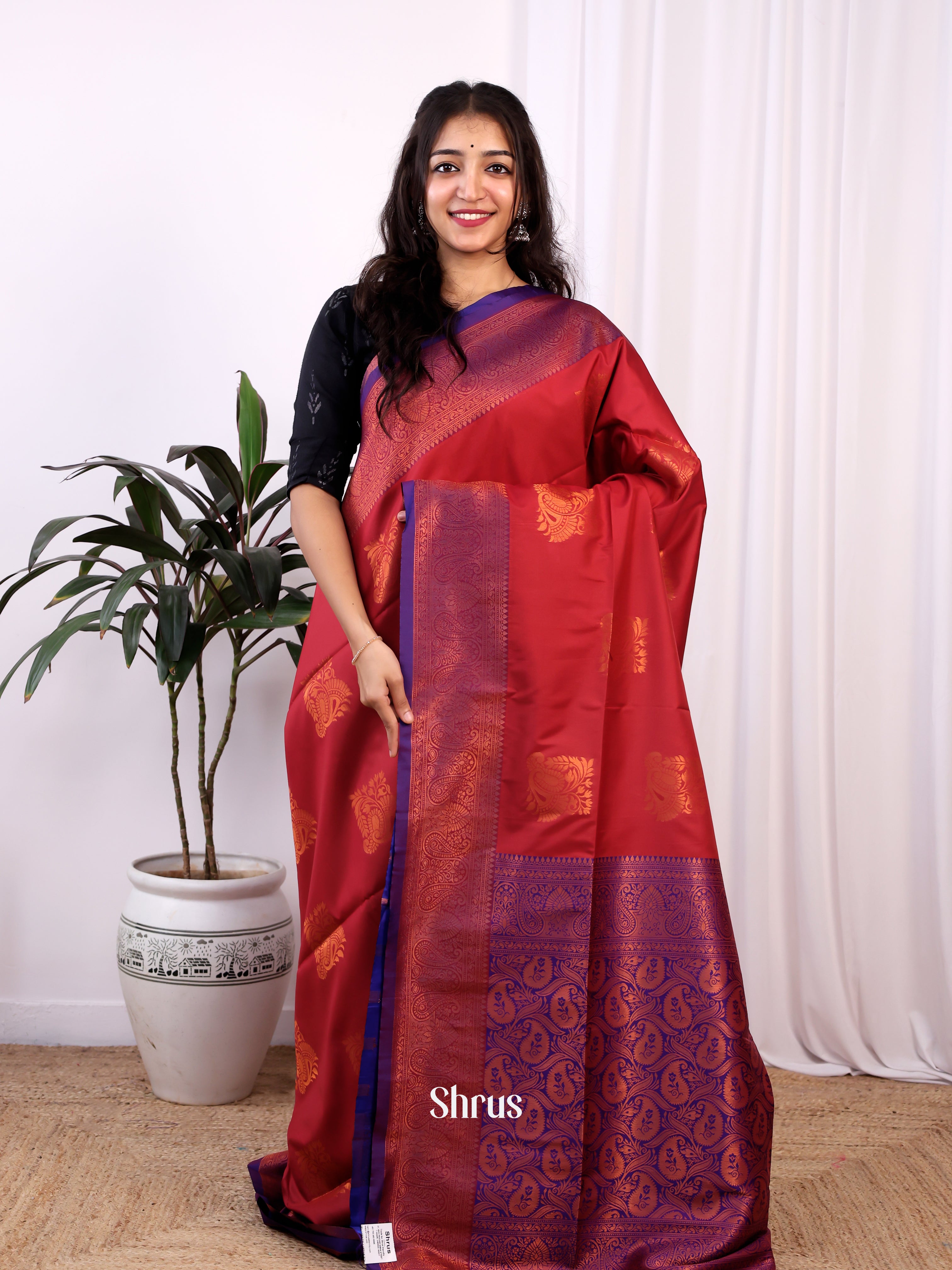 Maroon & Blue- Semi Softsilk Saree - Shop on Shrus.com