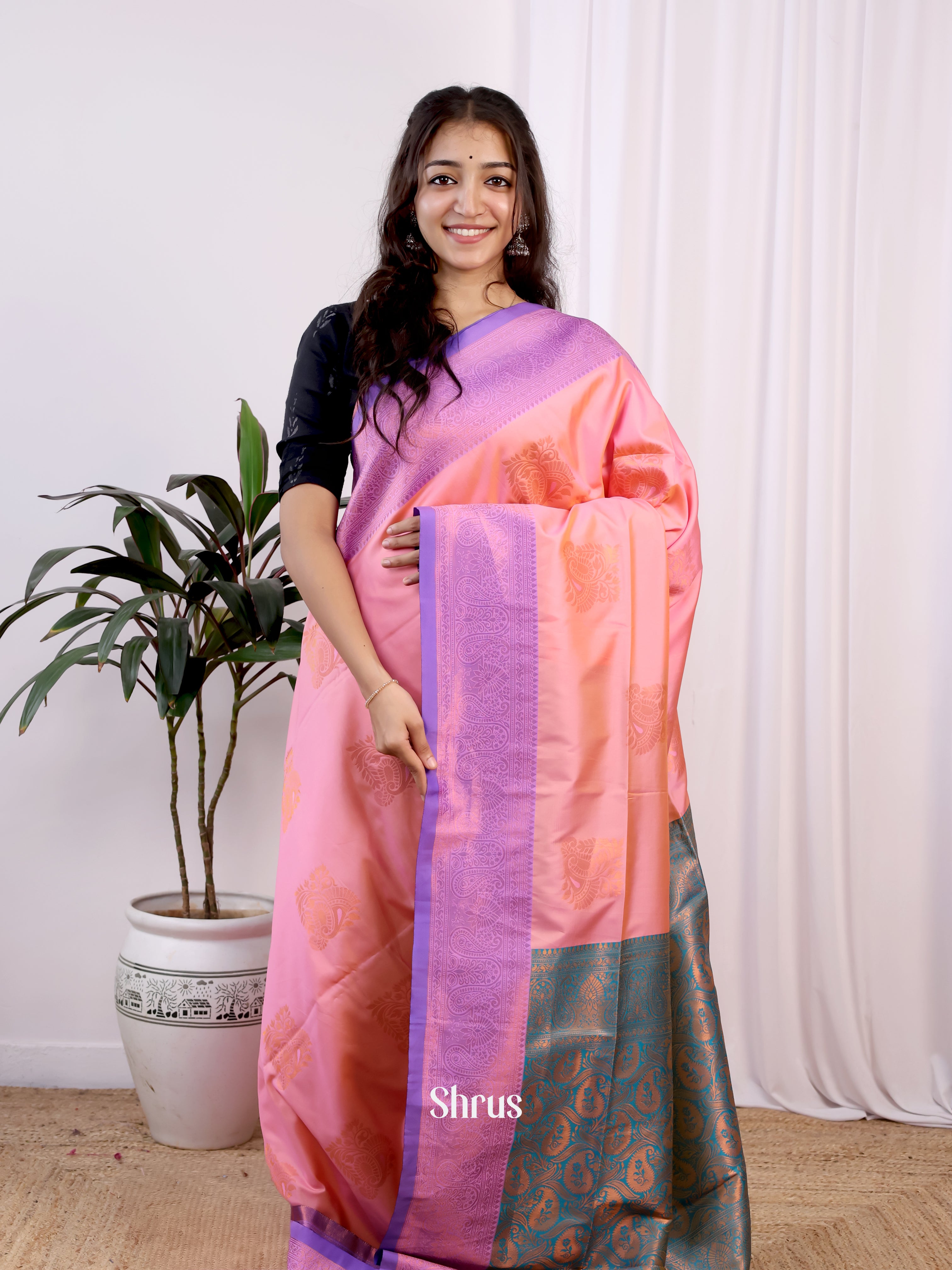 Peachish Pink & Green- Semi Softsilk - Shop on Shrus.com