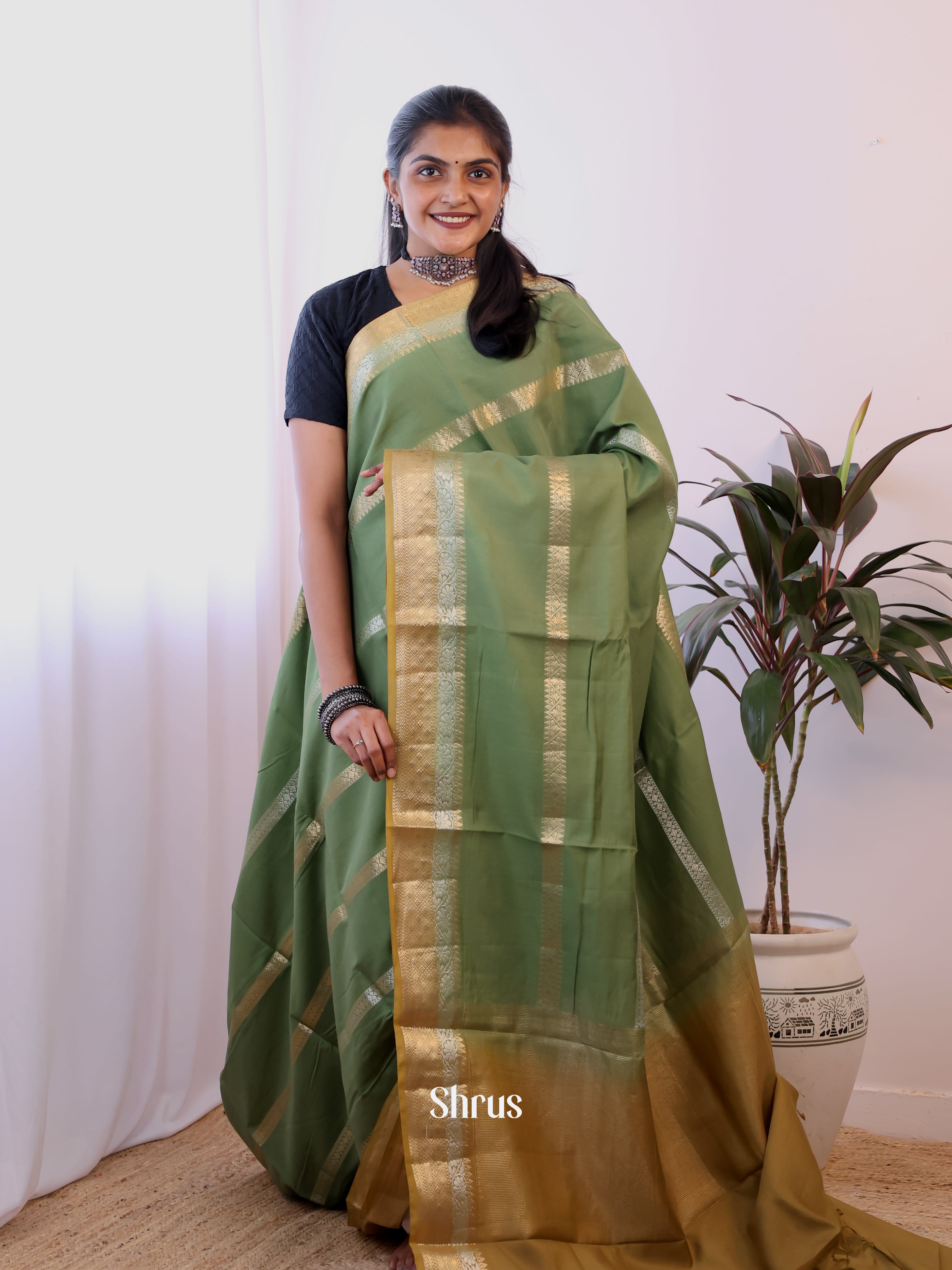 Green & Mehandi - Semi Dupion Saree - Shop on Shrus.com