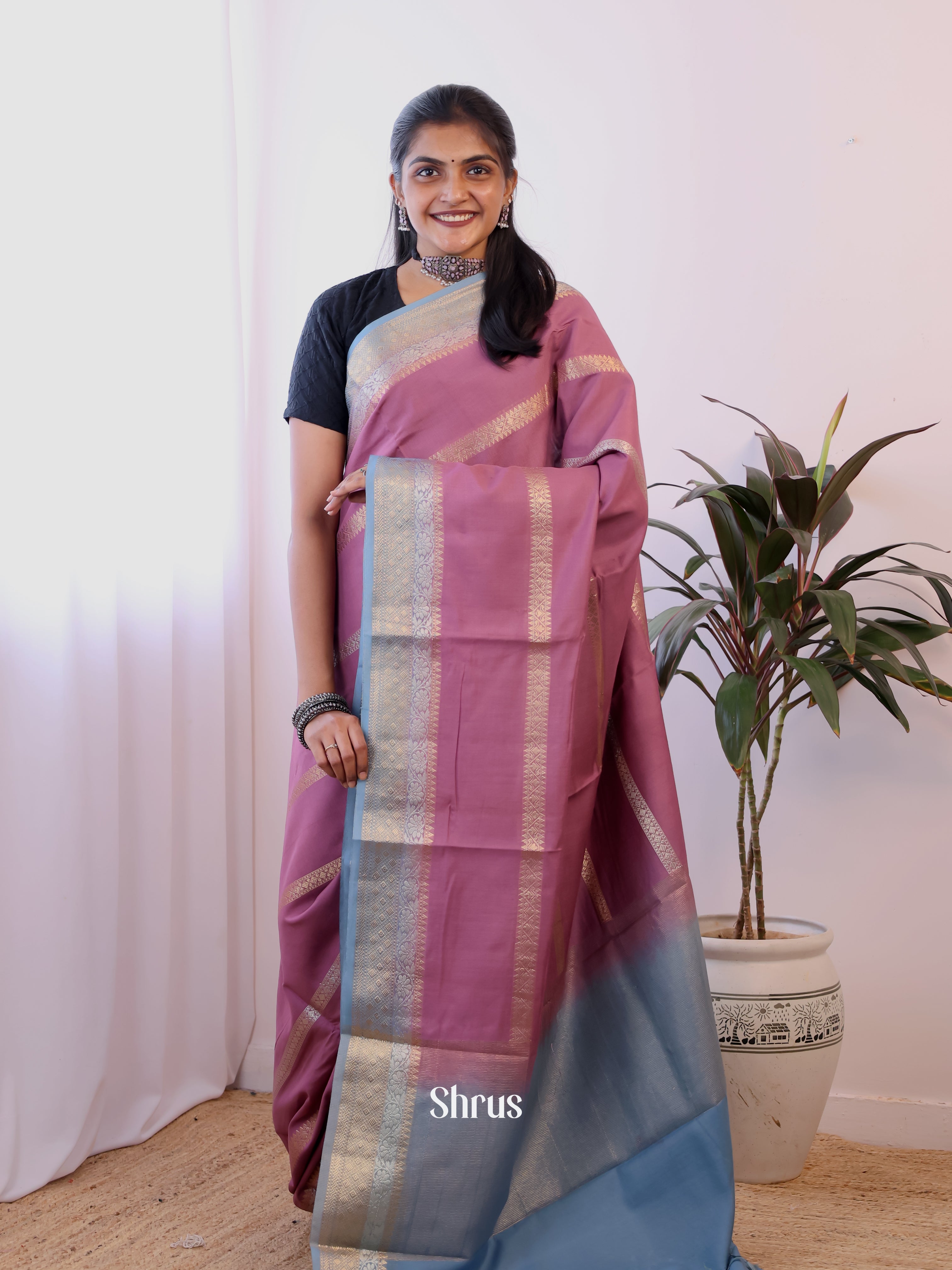 Purple & Blue - Semi Dupion Saree - Shop on Shrus.com