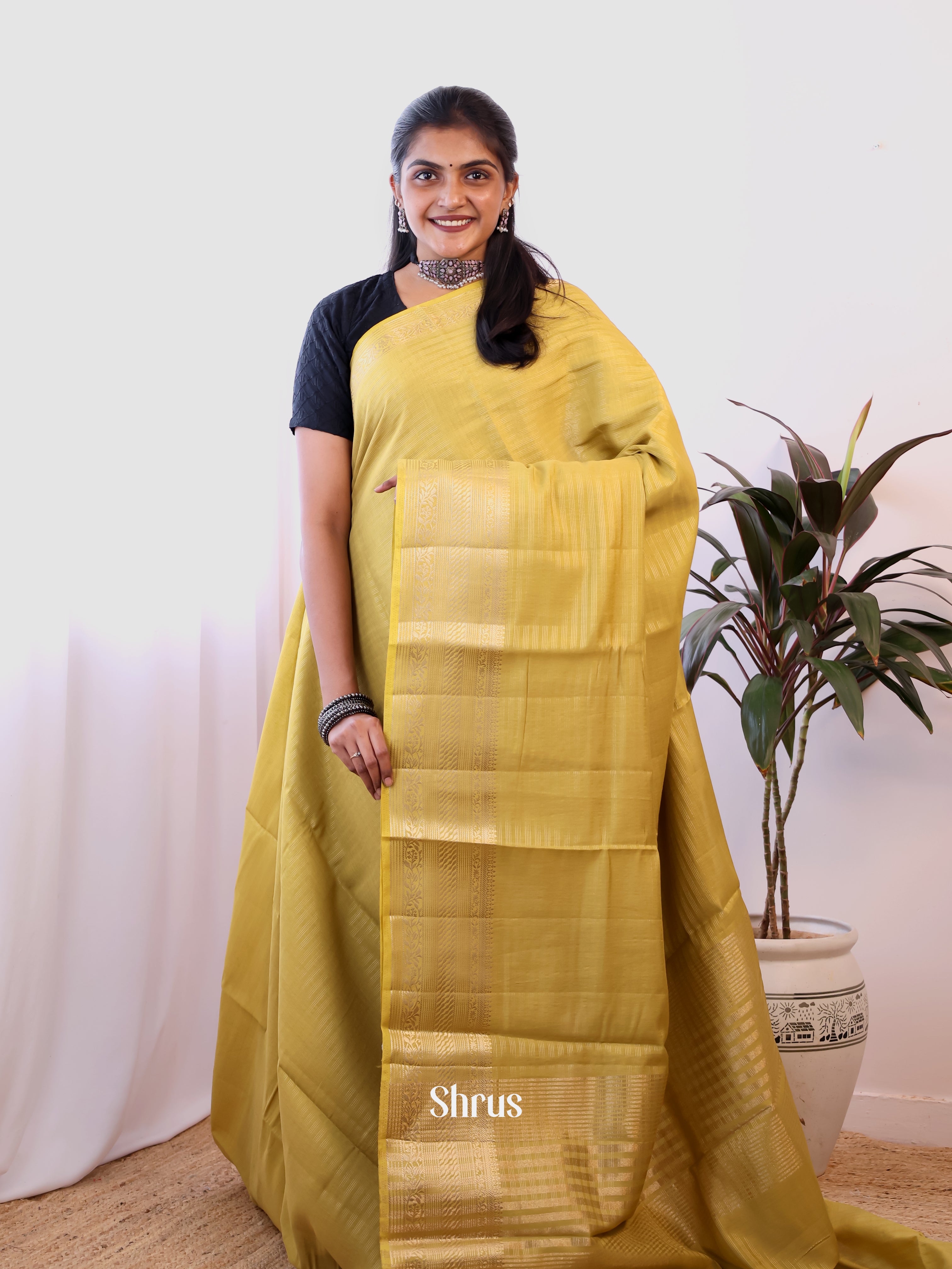 Mustardy Green- Semi Dupion Saree - Shop on Shrus.com