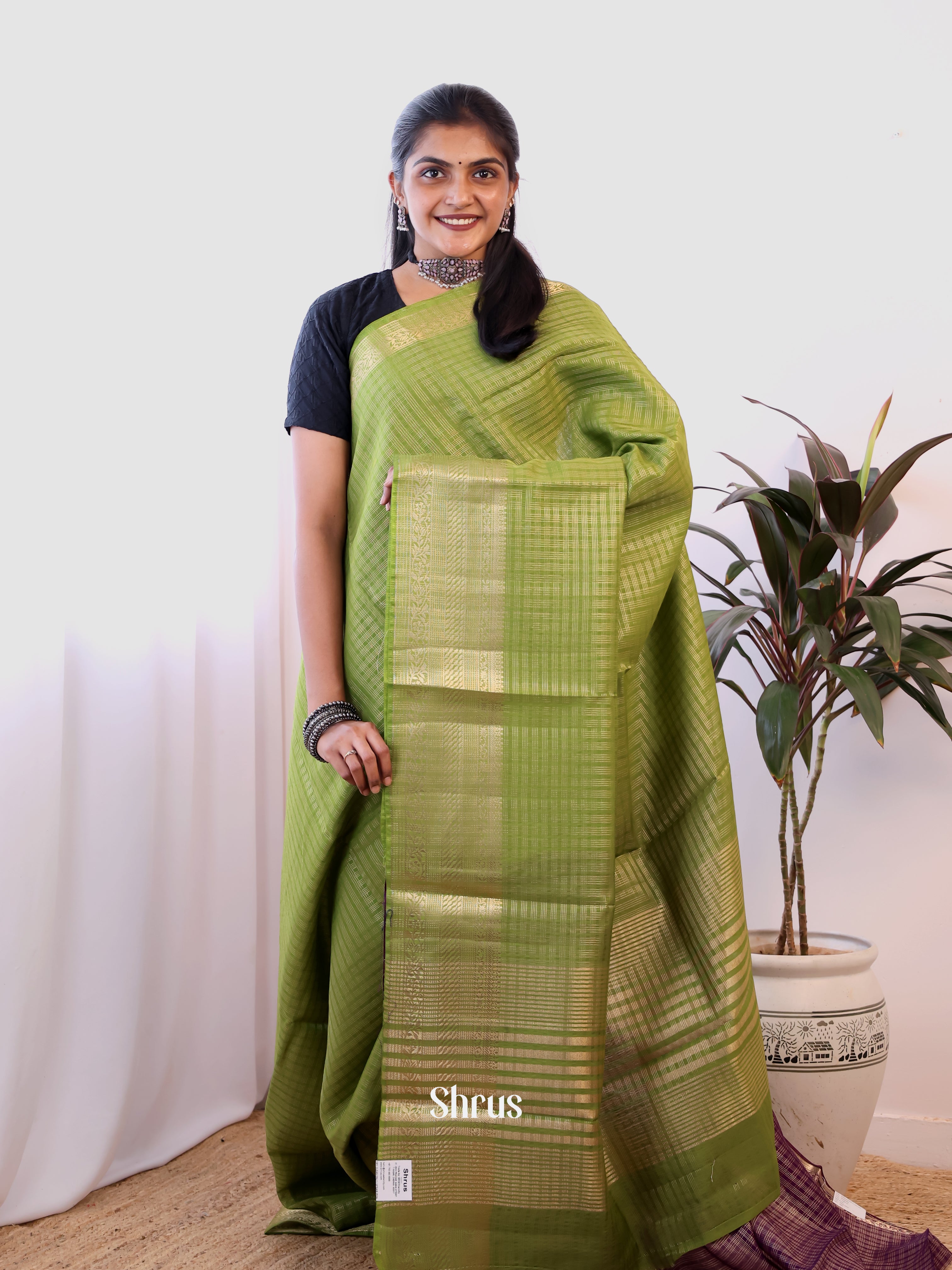 Green & Purple - Semi Dupion Saree - Shop on Shrus.com