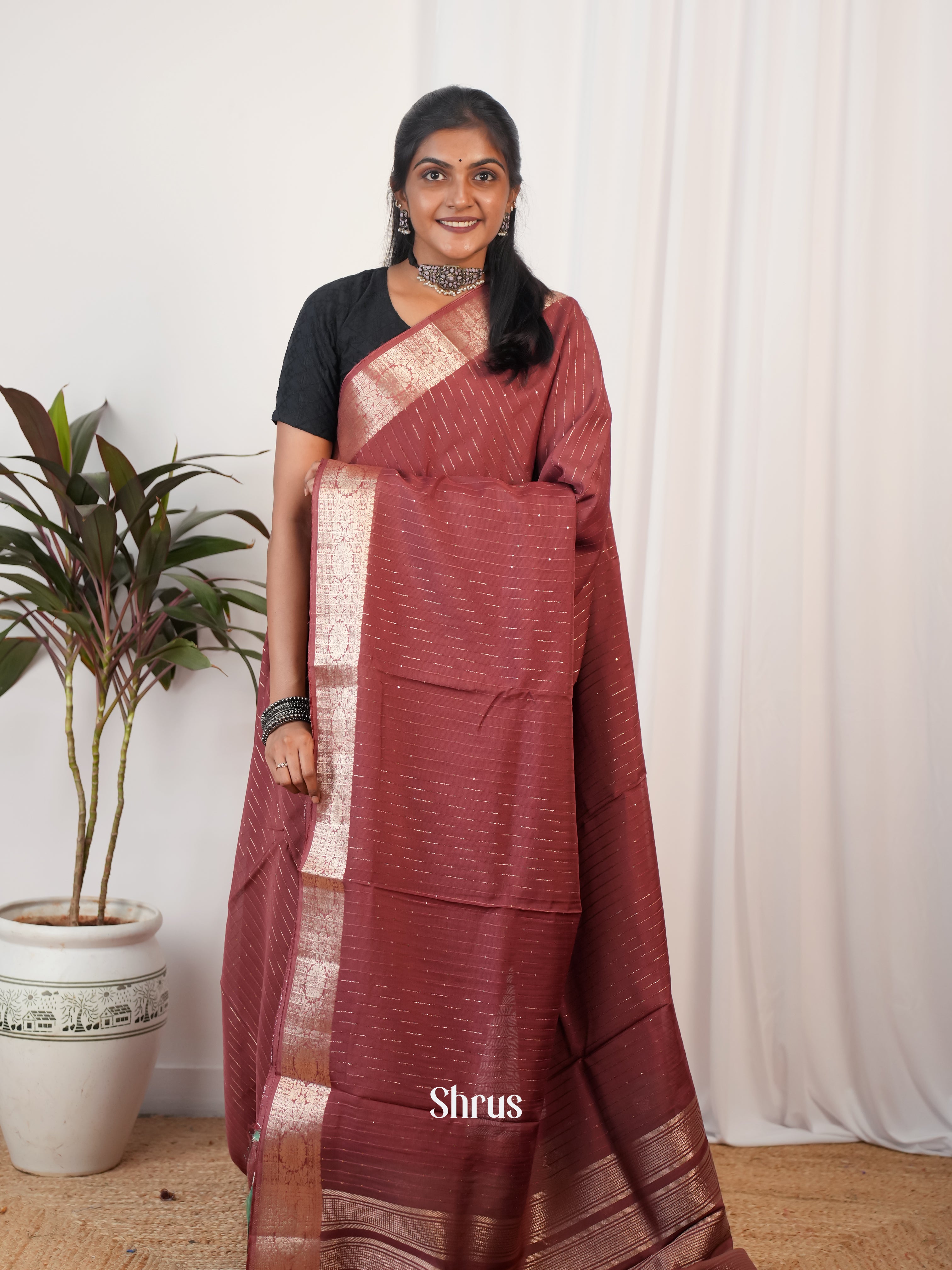 Maroon & green - Semi Georgette saree - Shop on Shrus.com