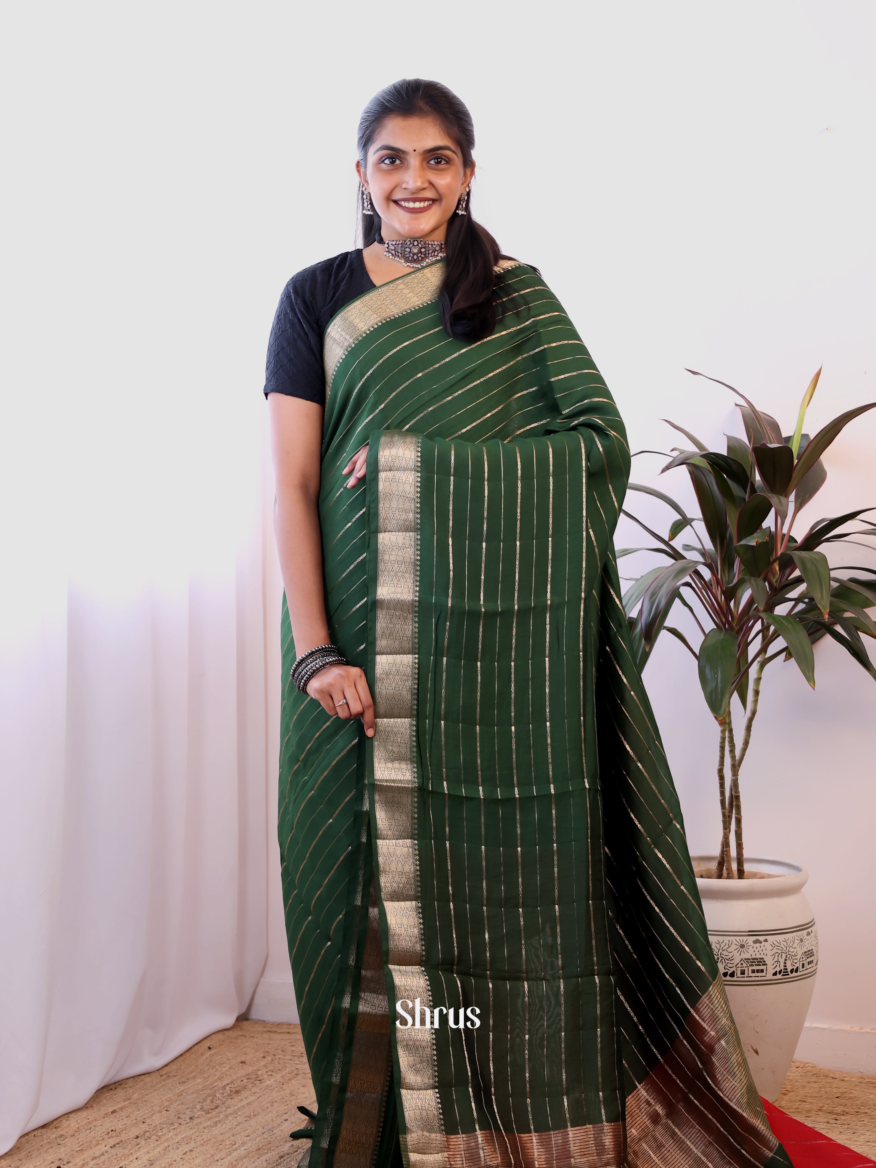 Bottle Green & Red - Semi Dupion Saree - Shop on Shrus.com