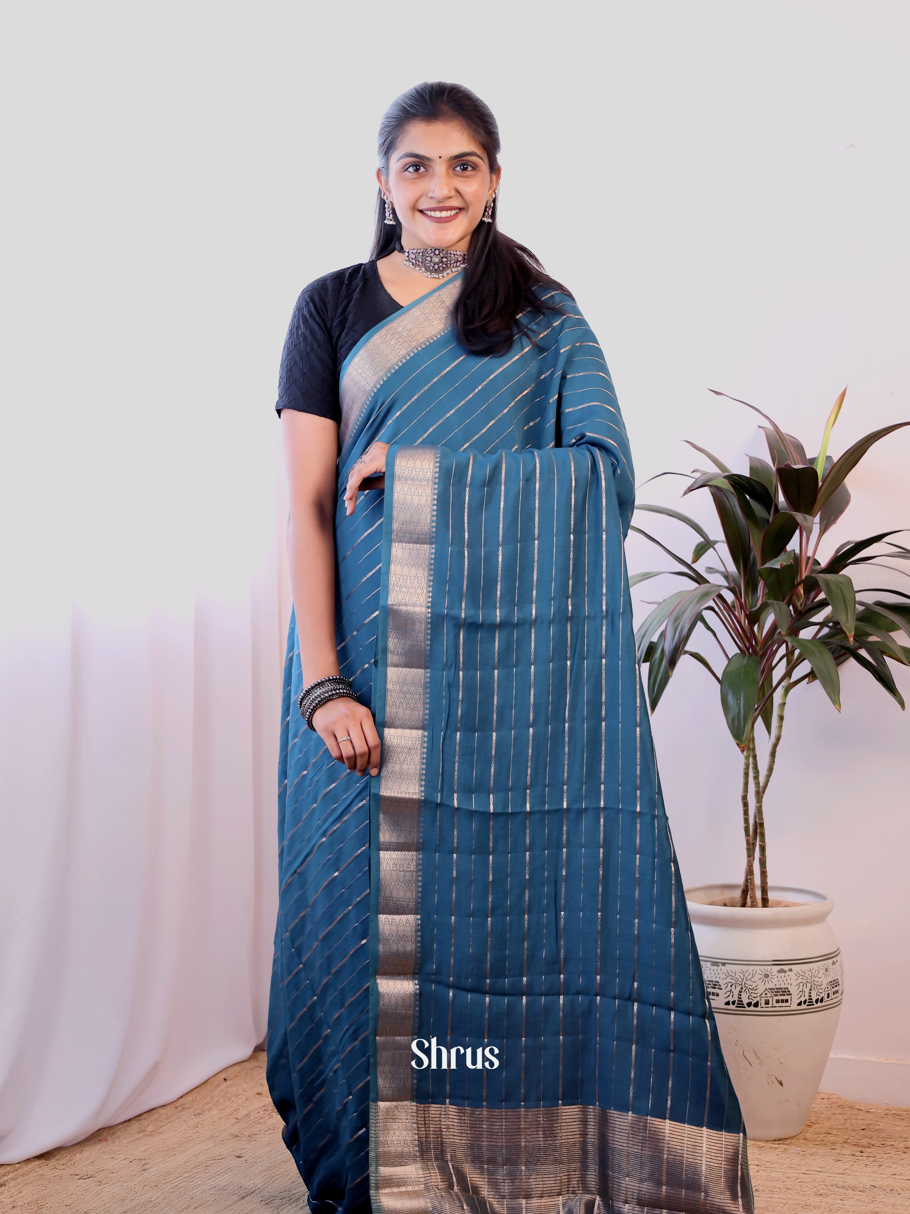 Blue & Maroon- Semi Dupion Saree - Shop on Shrus.com