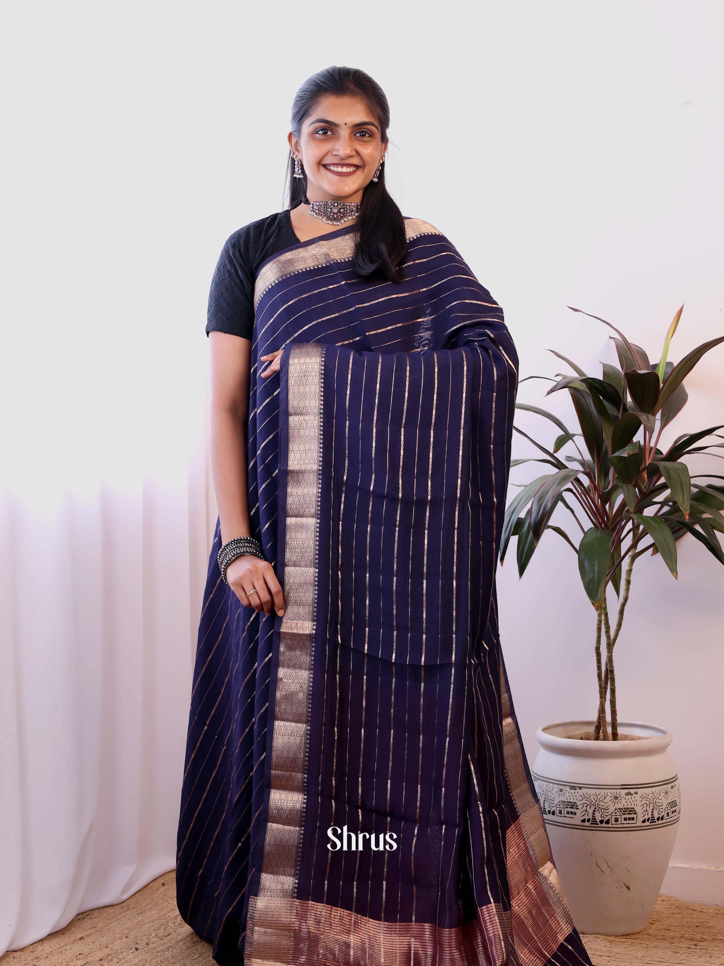 Blue & Pink - Semi Dupion Saree - Shop on Shrus.com