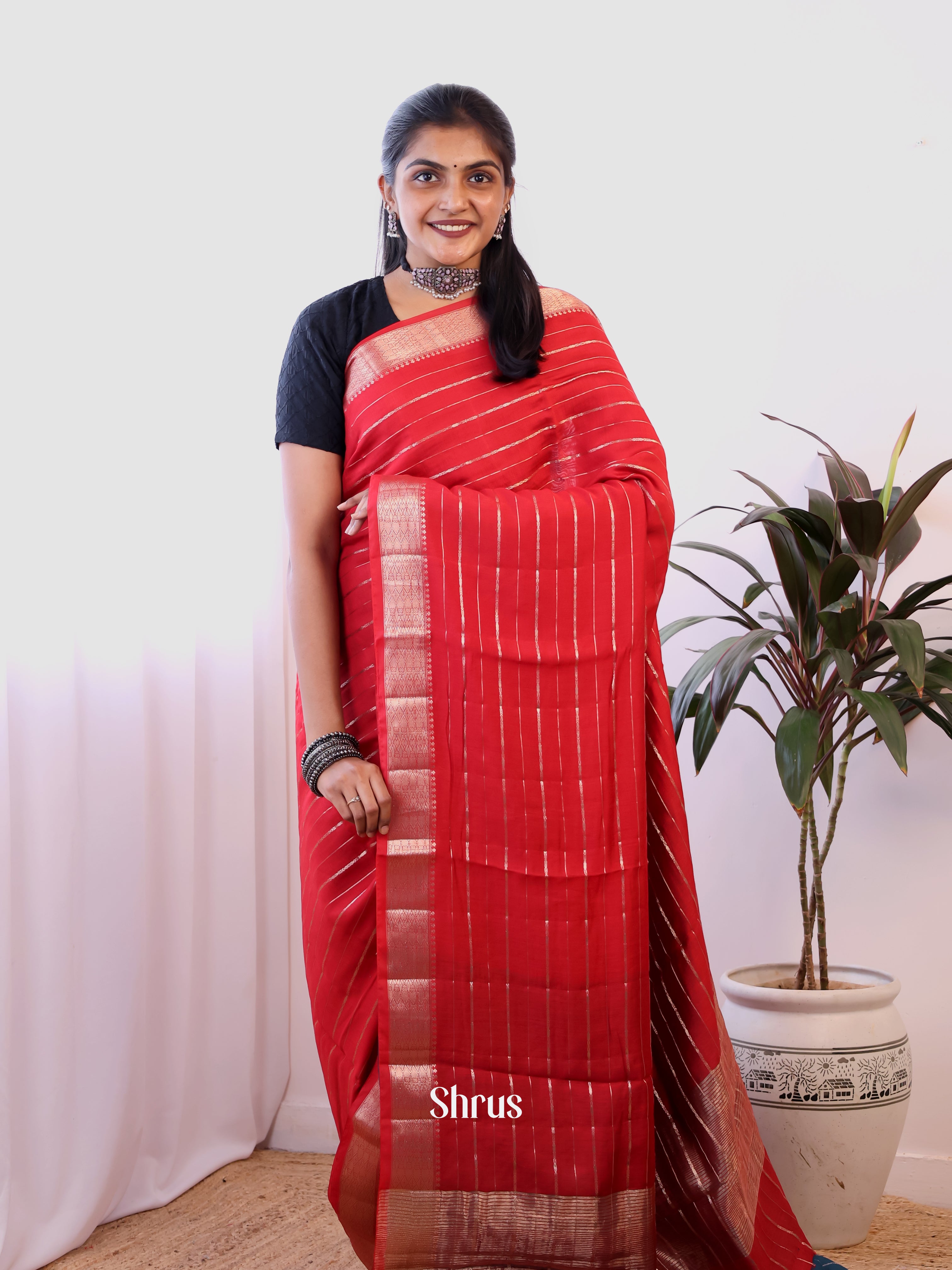 Red & Blue- Semi Dupion Saree - Shop on Shrus.com