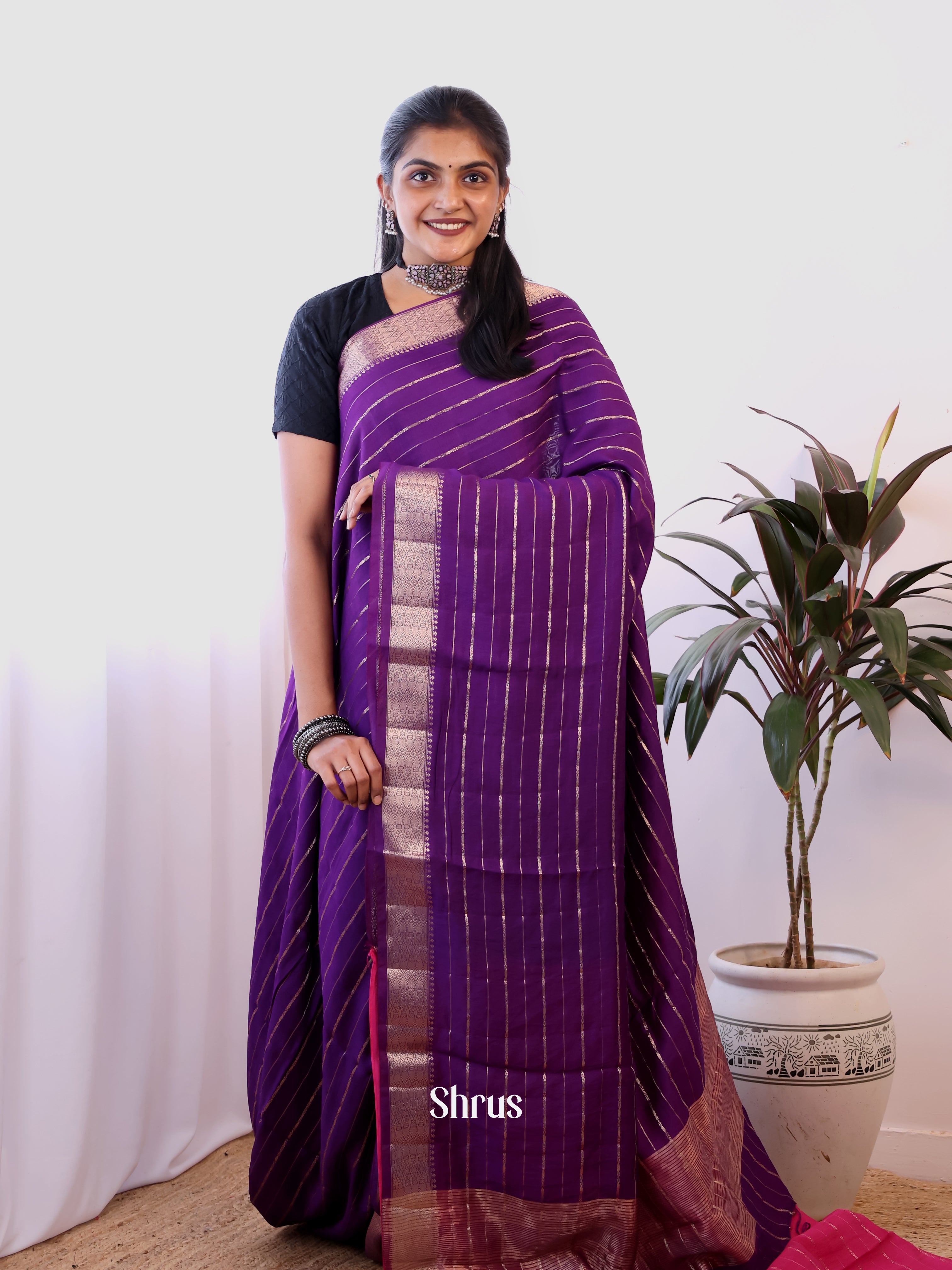 Violet & Pink- Semi Dupion Saree - Shop on Shrus.com