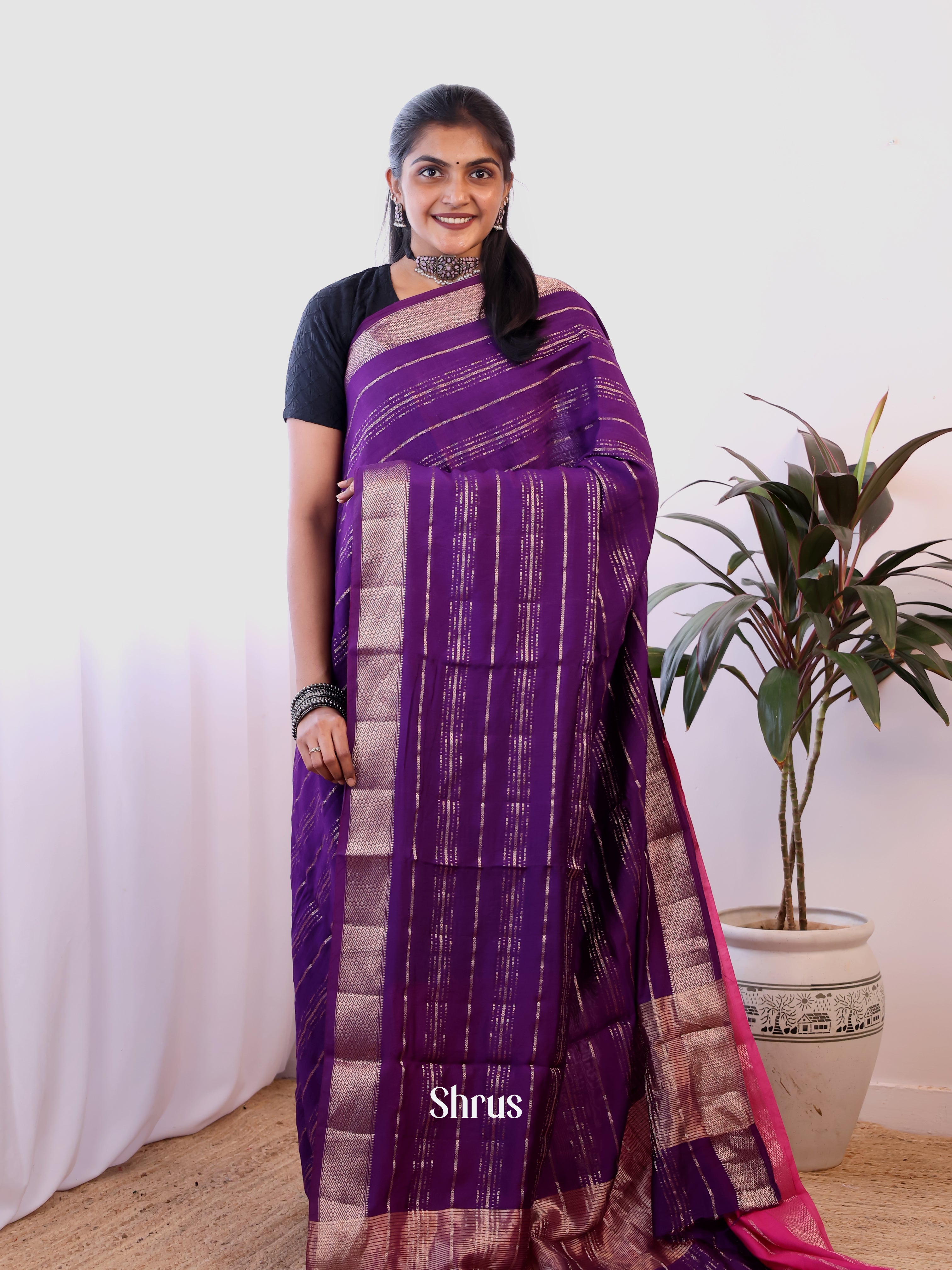 Violet & Pink - Semi Dupion Saree - Shop on Shrus.com