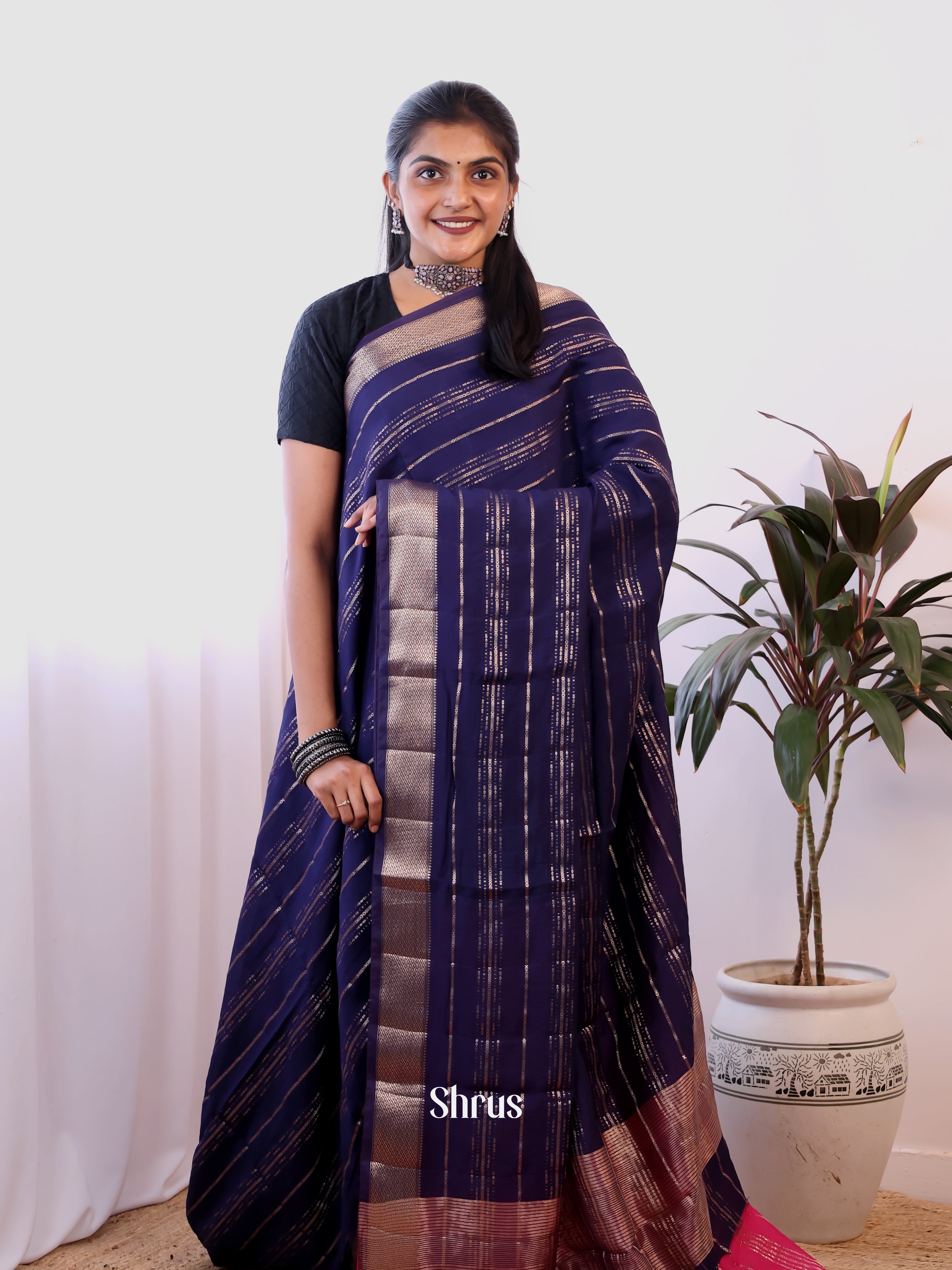 Violet & Pink- Semi Dupion Saree - Shop on Shrus.com