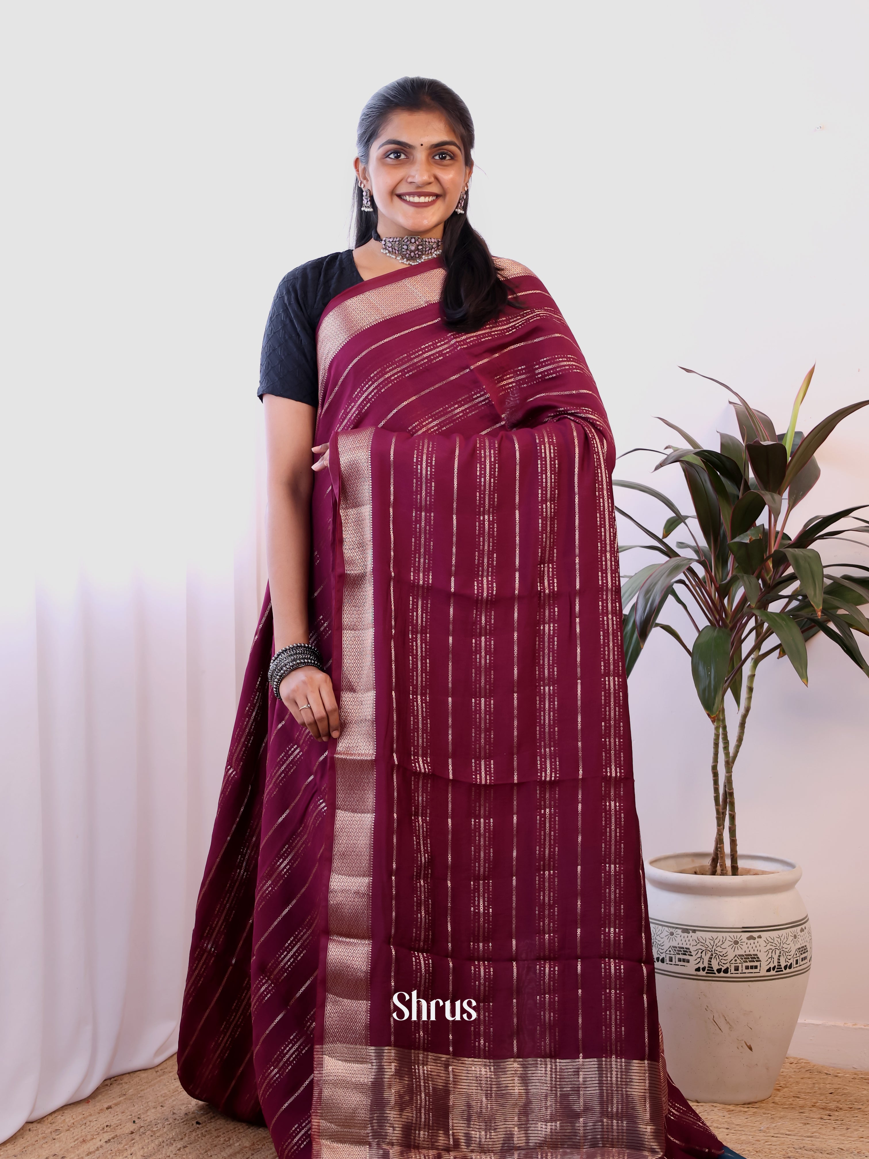 Wine & Blue - Semi Dupion Saree - Shop on Shrus.com