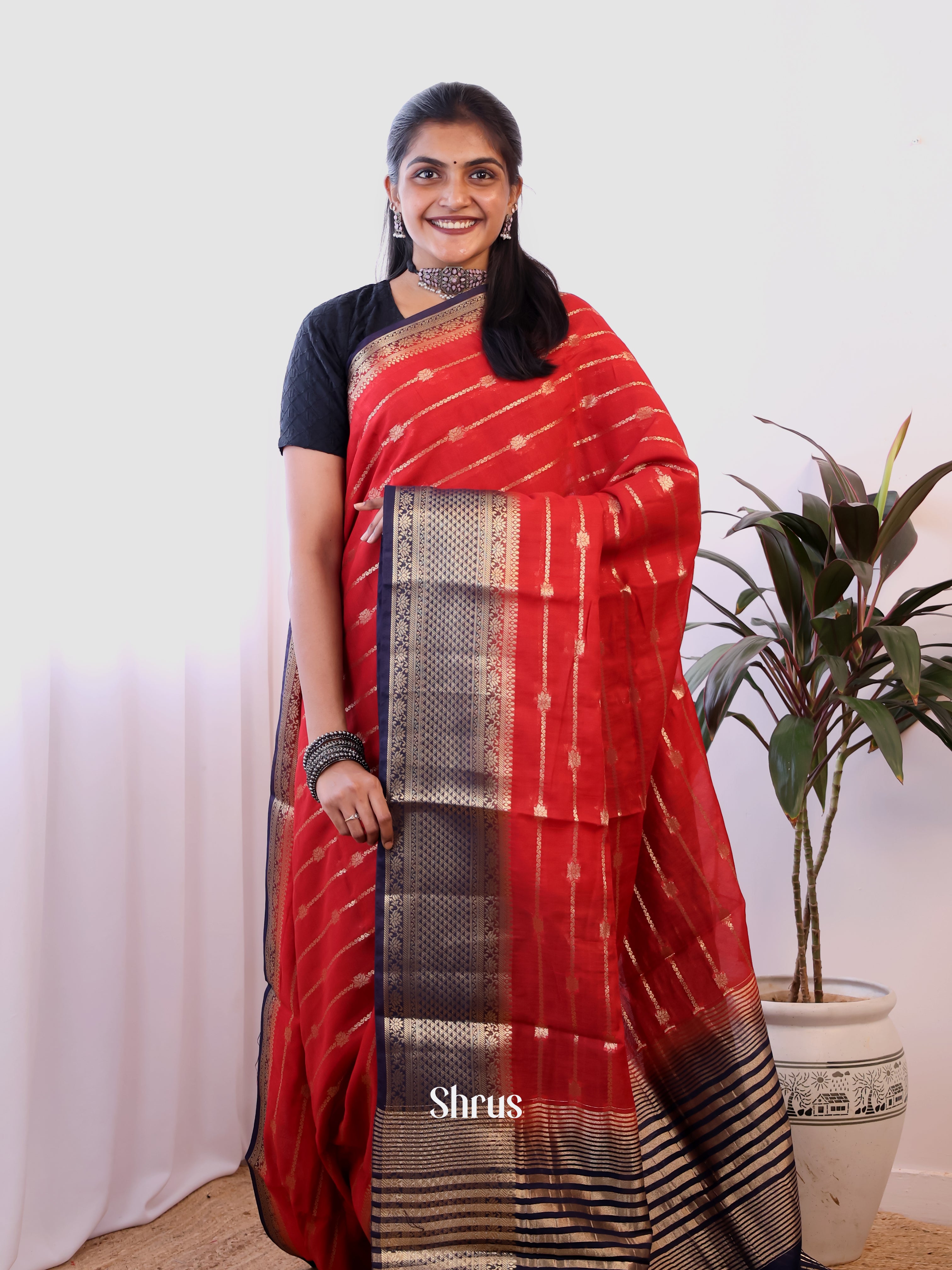 Red & Blue- Semi Dupion Saree - Shop on Shrus.com