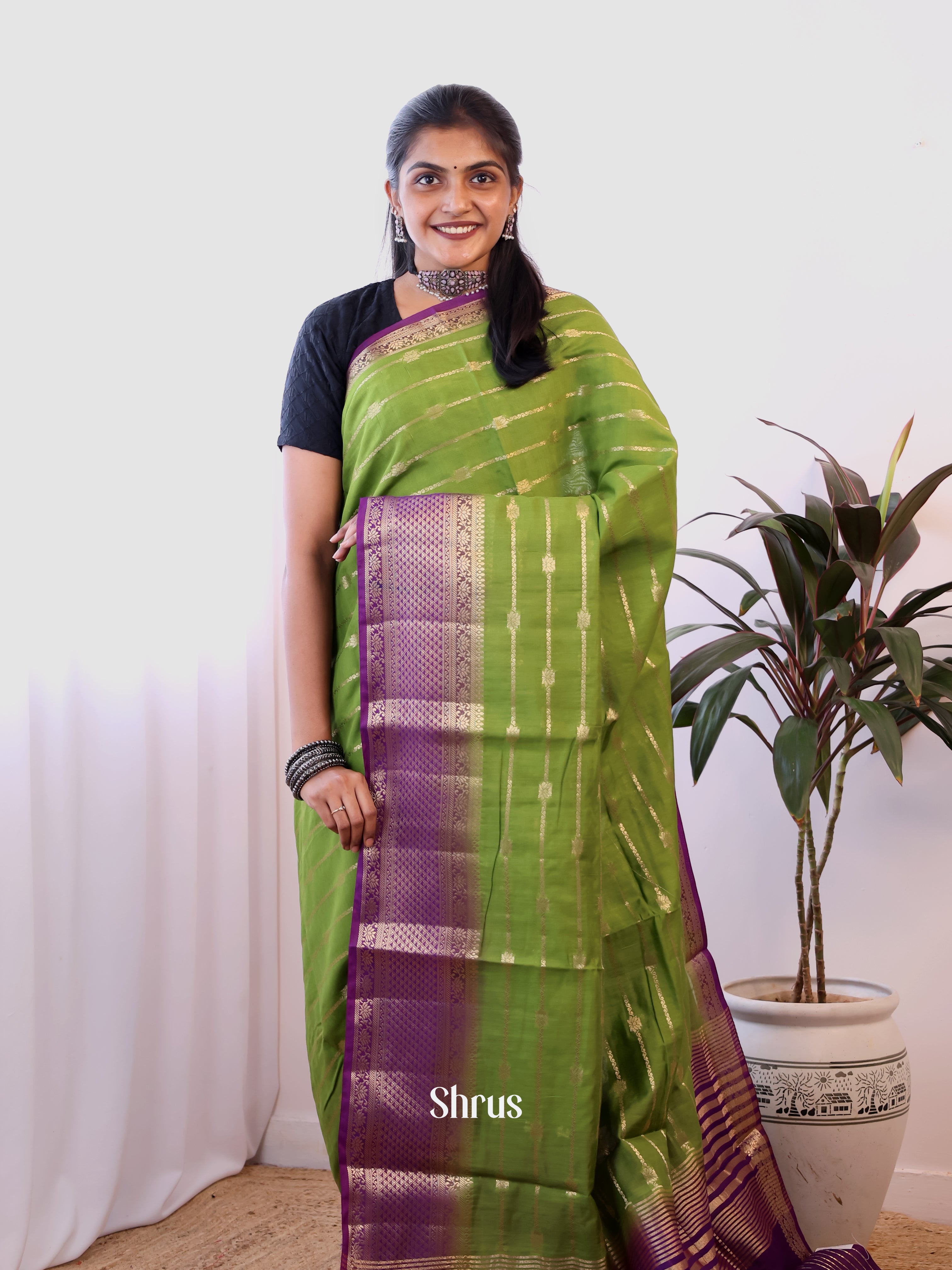 Green & Purple - Semi Dupion Saree - Shop on Shrus.com