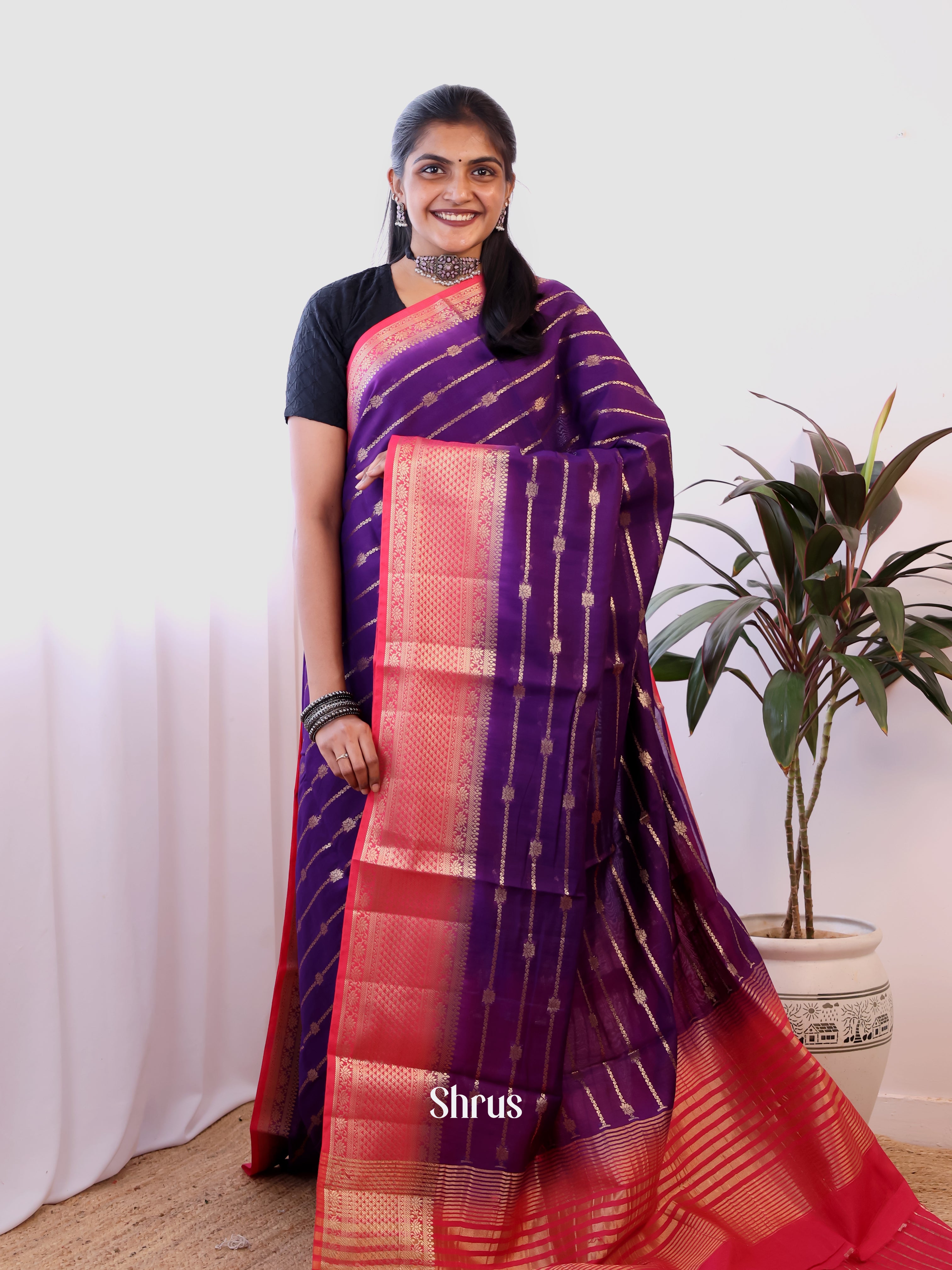 Violet & Pink - Semi Dupion Saree - Shop on Shrus.com