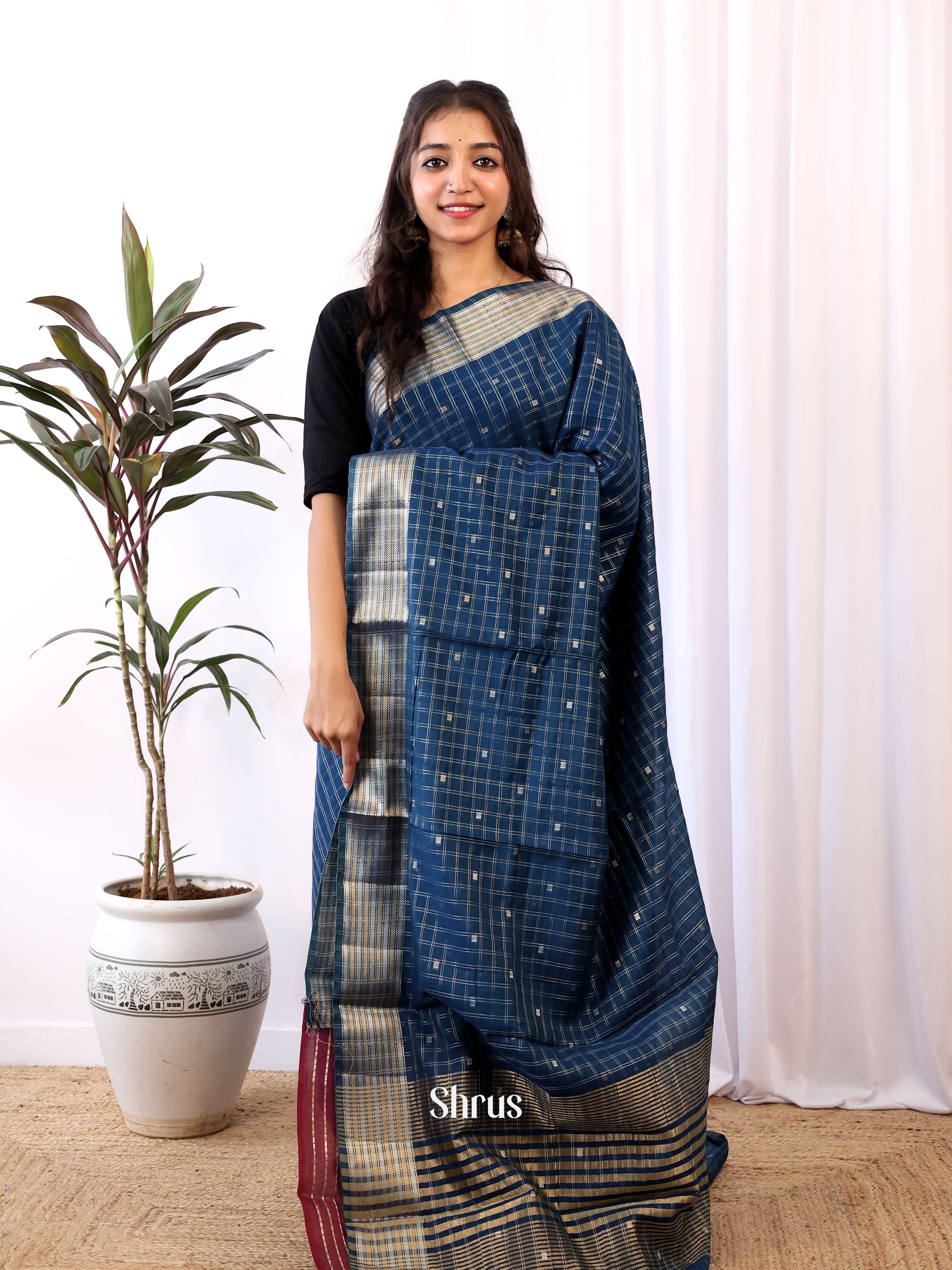 Blue & Maroon - Semi Organza Saree - Shop on Shrus.com