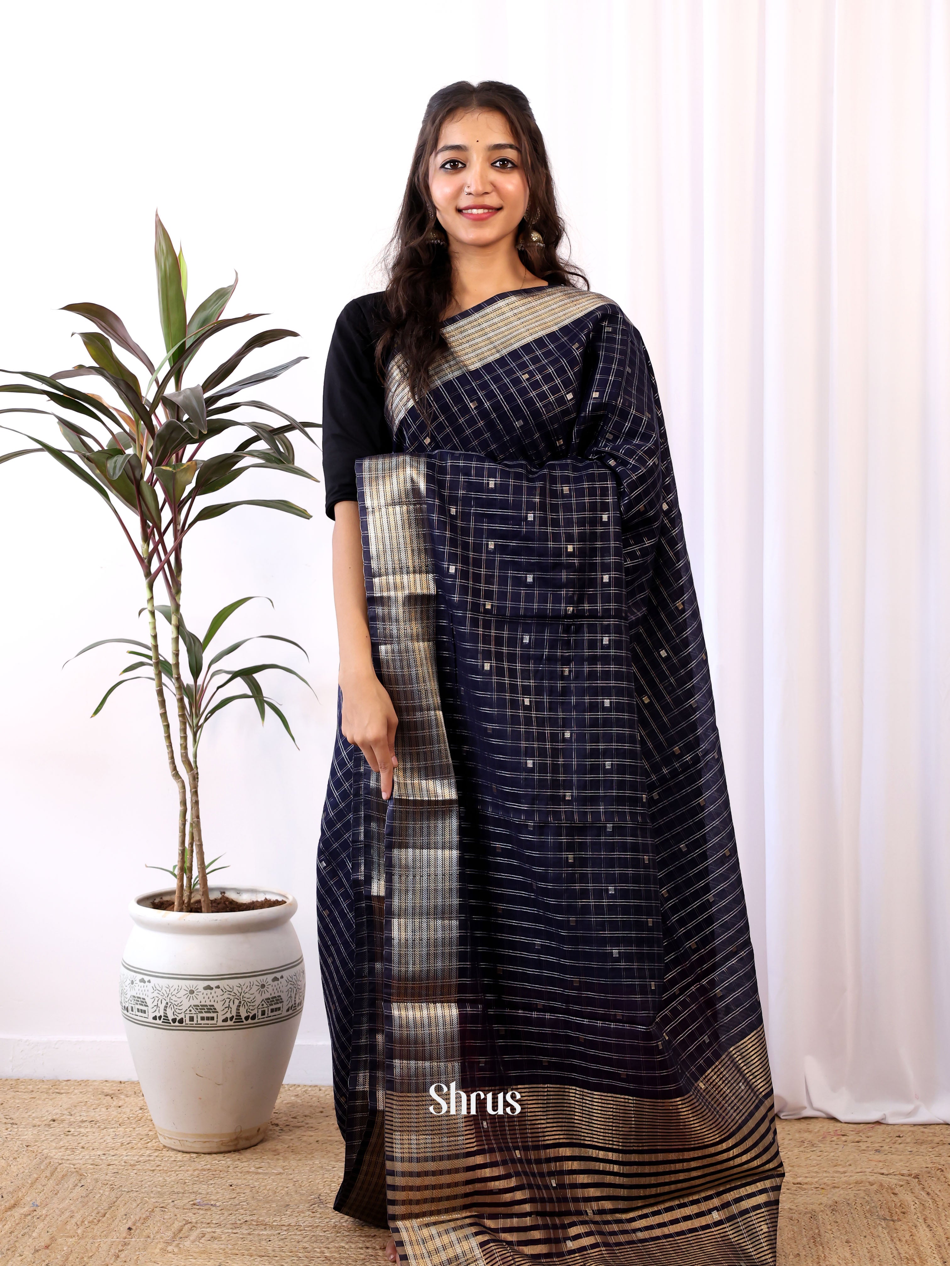 Navy Blue & Red - Semi Organza Saree - Shop on Shrus.com