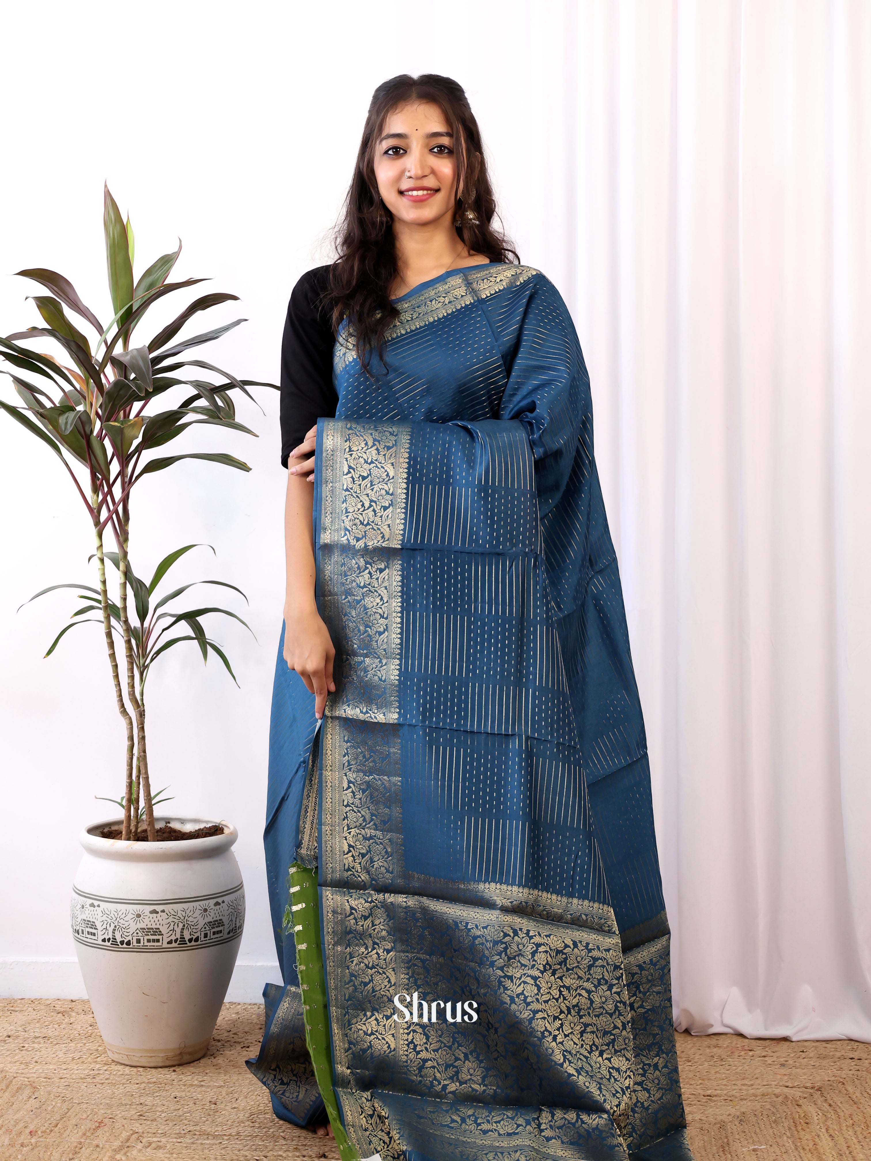 Blue & Green- Semi Organza Saree - Shop on Shrus.com