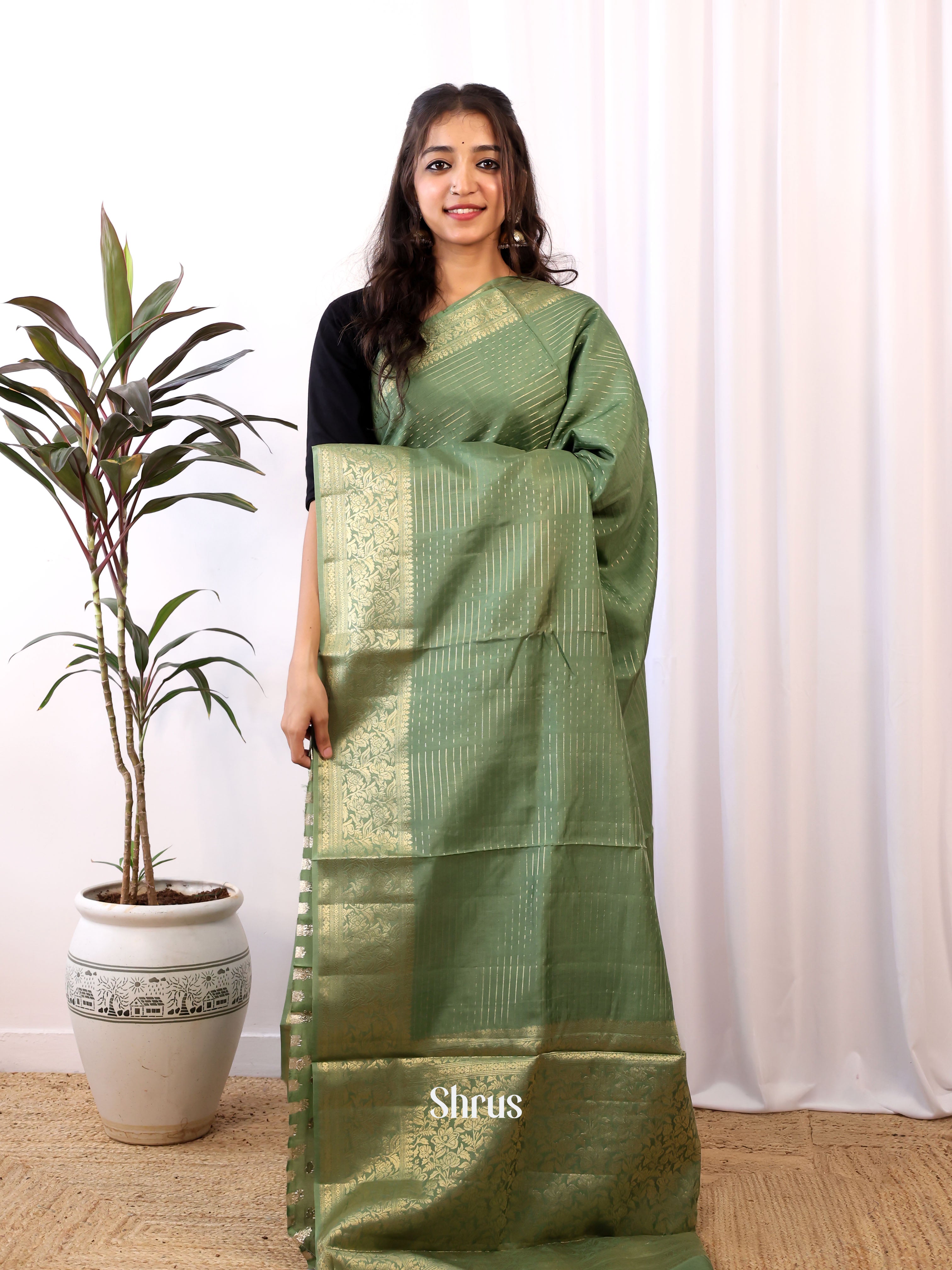 Pastel Green - Semi Organza Saree - Shop on Shrus.com
