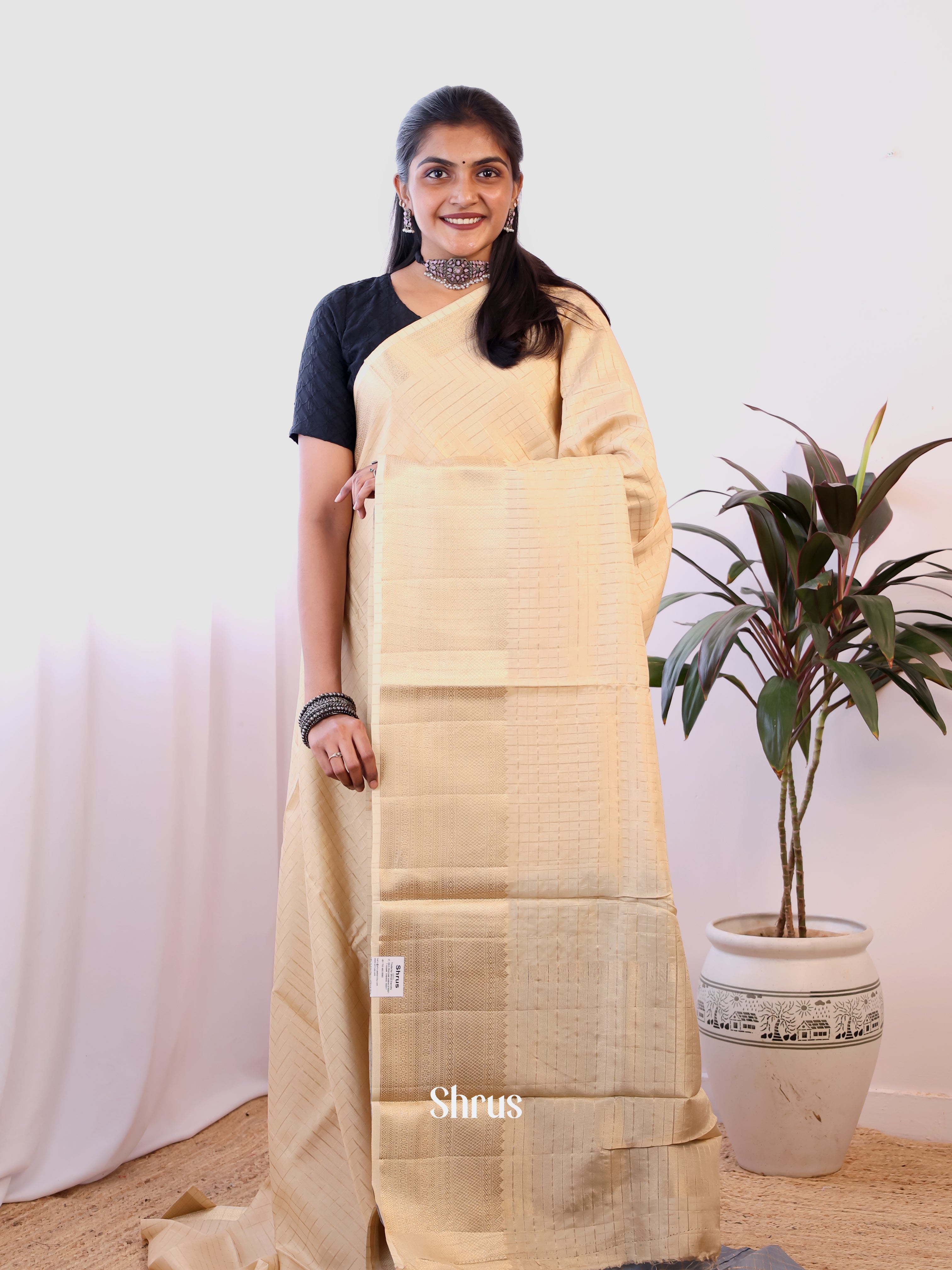 Cream & Blue - Semi Dupion Saree - Shop on Shrus.com