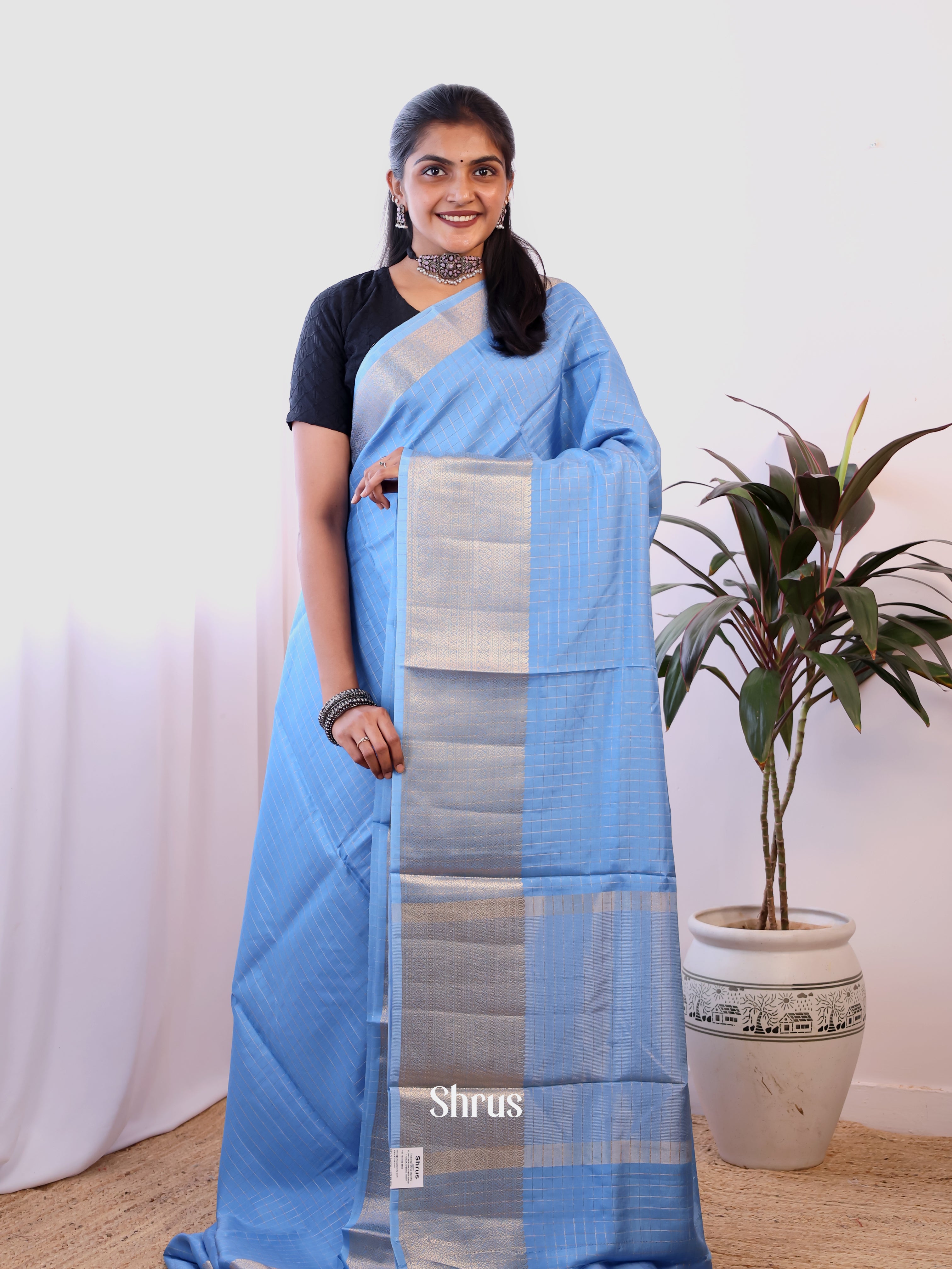 Blue - Semi Dupion Saree - Shop on Shrus.com