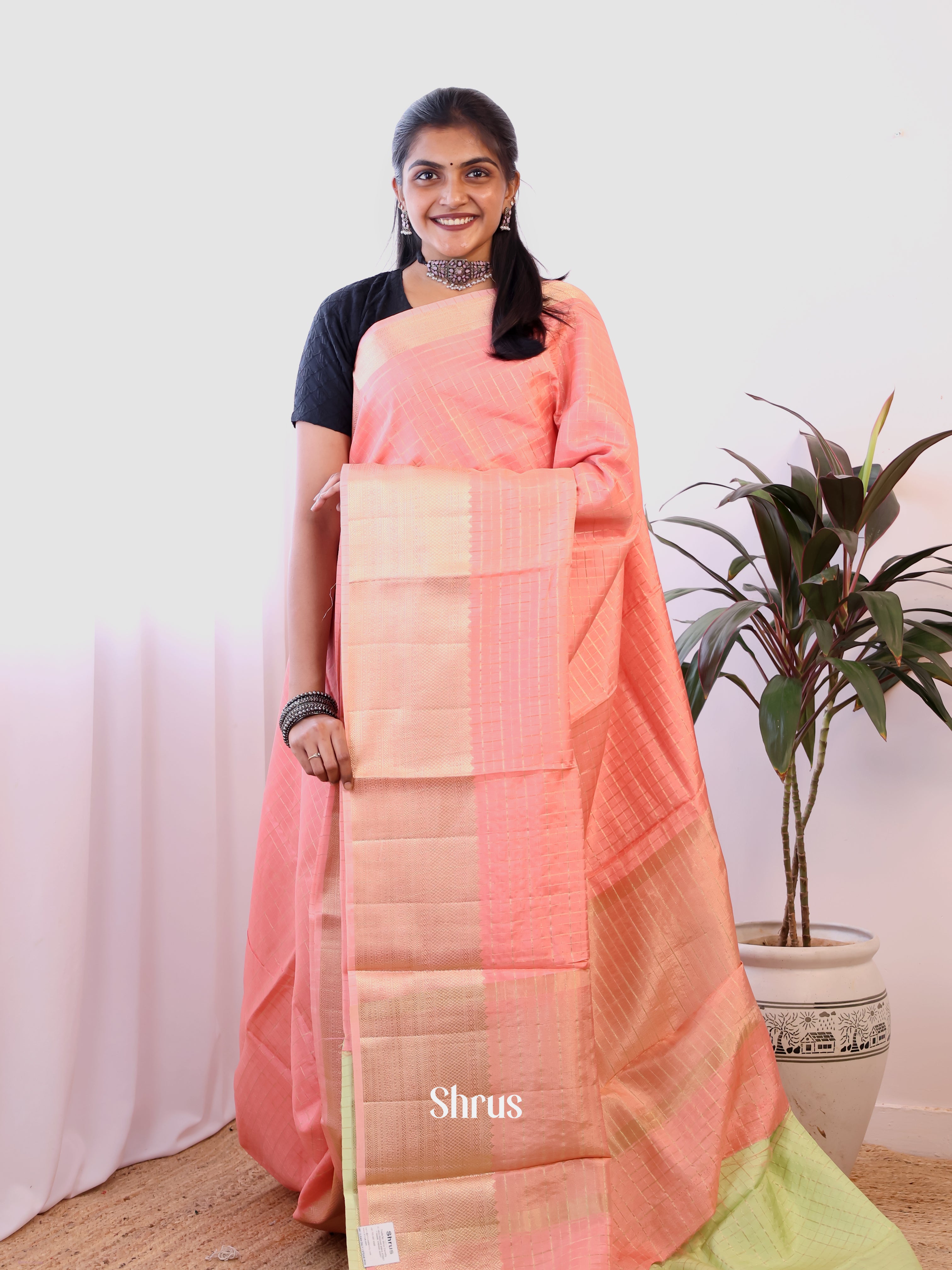 Peach & Green- Semi Dupion Saree - Shop on Shrus.com