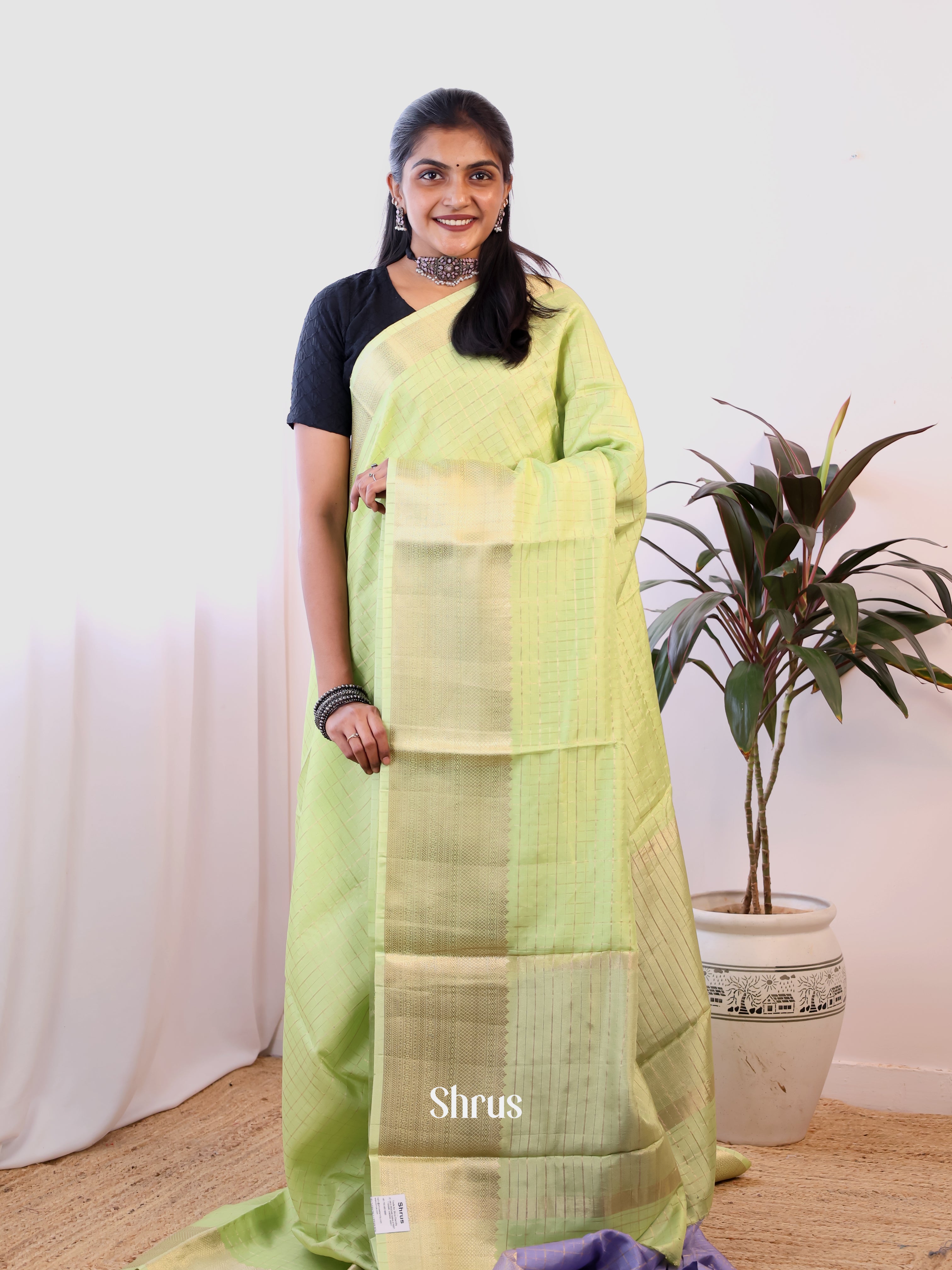 Lite Green & Purple- Semi Dupion Saree - Shop on Shrus.com