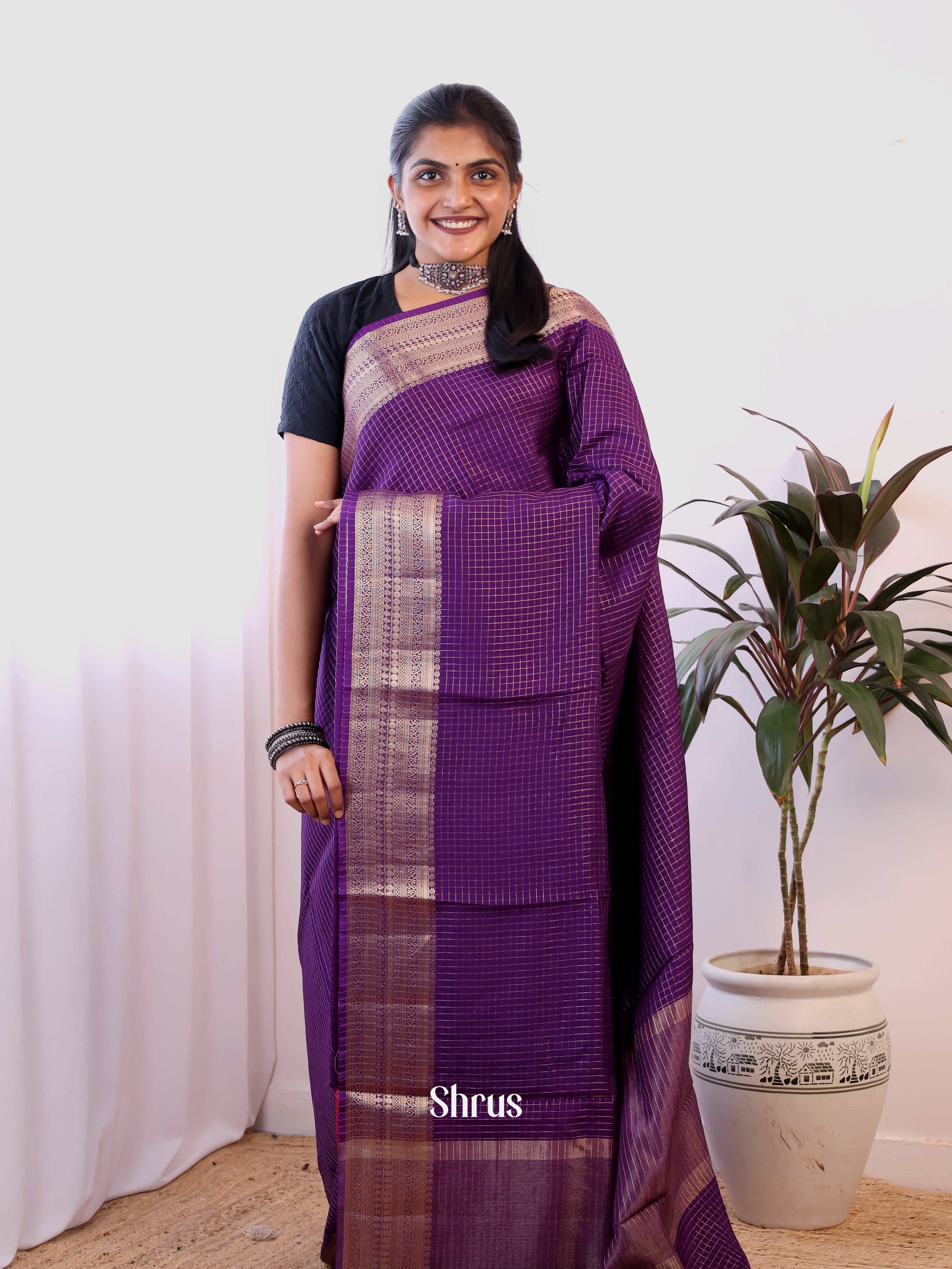 Purple & Pink - Semi Dupion Saree - Shop on Shrus.com