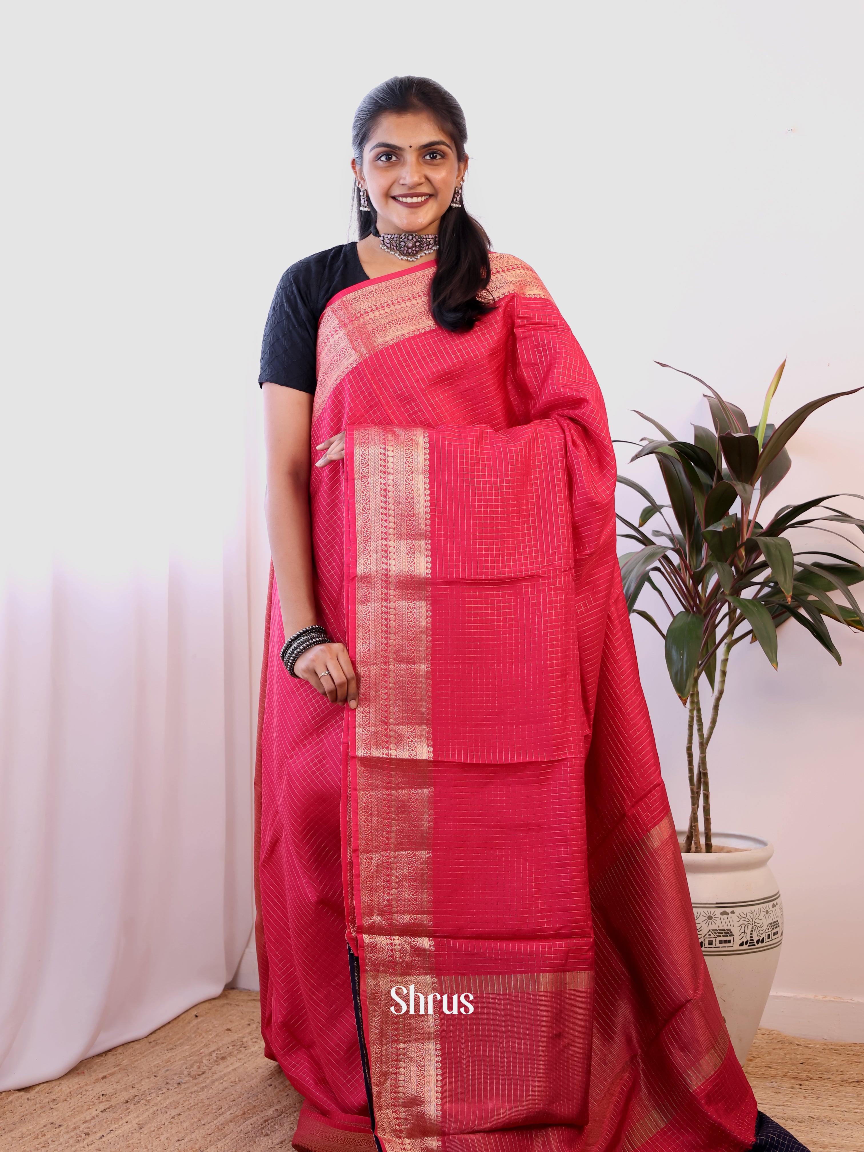 Reddish Pink & Blue - Semi Dupion Saree - Shop on Shrus.com