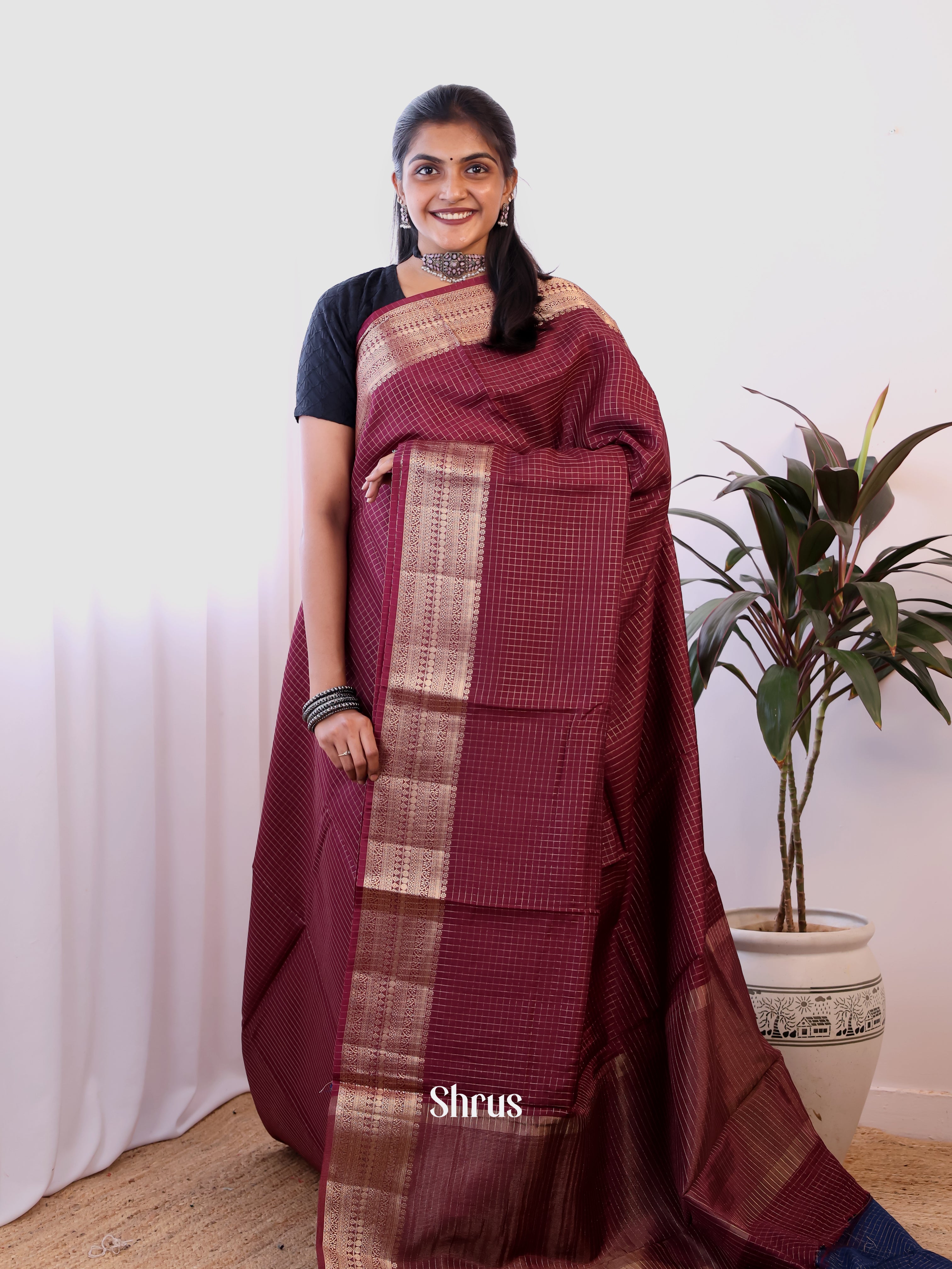 Maroon & Blue - Semi Dupion Saree - Shop on Shrus.com